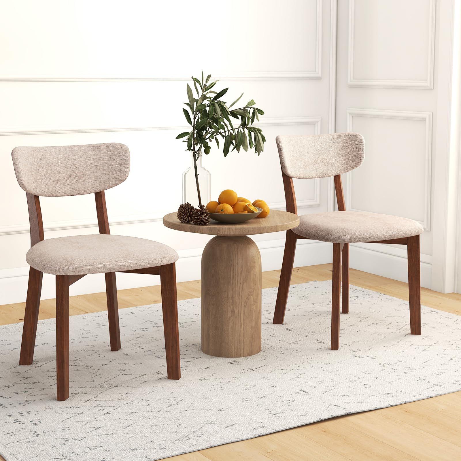 Dining Chairs Set of 2/4, Upholstered Mid-Back Kitchen Chairs with Solid Rubber Wood Frame, Curved Backrest & Padded Seat Cushion