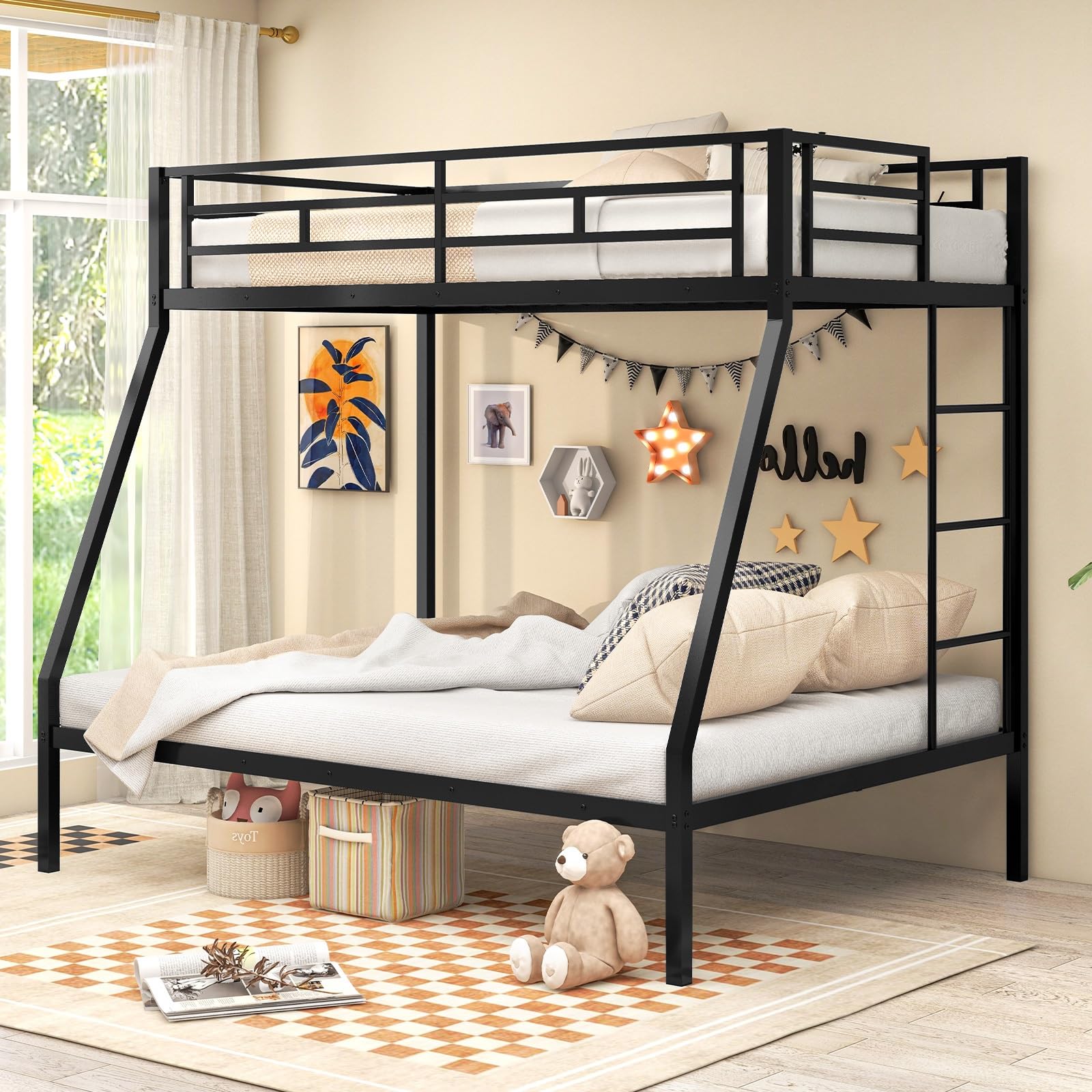 Metal Twin Over Full Bunk Bed, Heavy Duty Bed Frame with Integrated Ladder, Full-Length Guardrails for Teens & Adults
