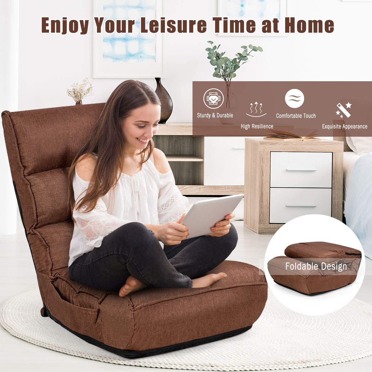 Folding Floor Gaming Chair with 4-Position Adjustable Back, 6-Position Adjustable Headrest, Side Pocket