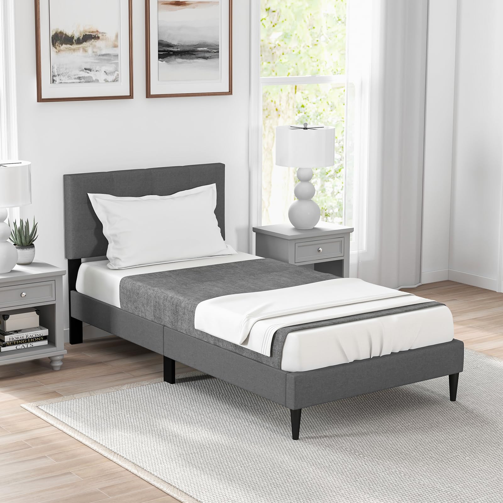 Twin/Queen Size Upholstered Platform Bed Frame with Button Tufted Linen Fabric Headboard