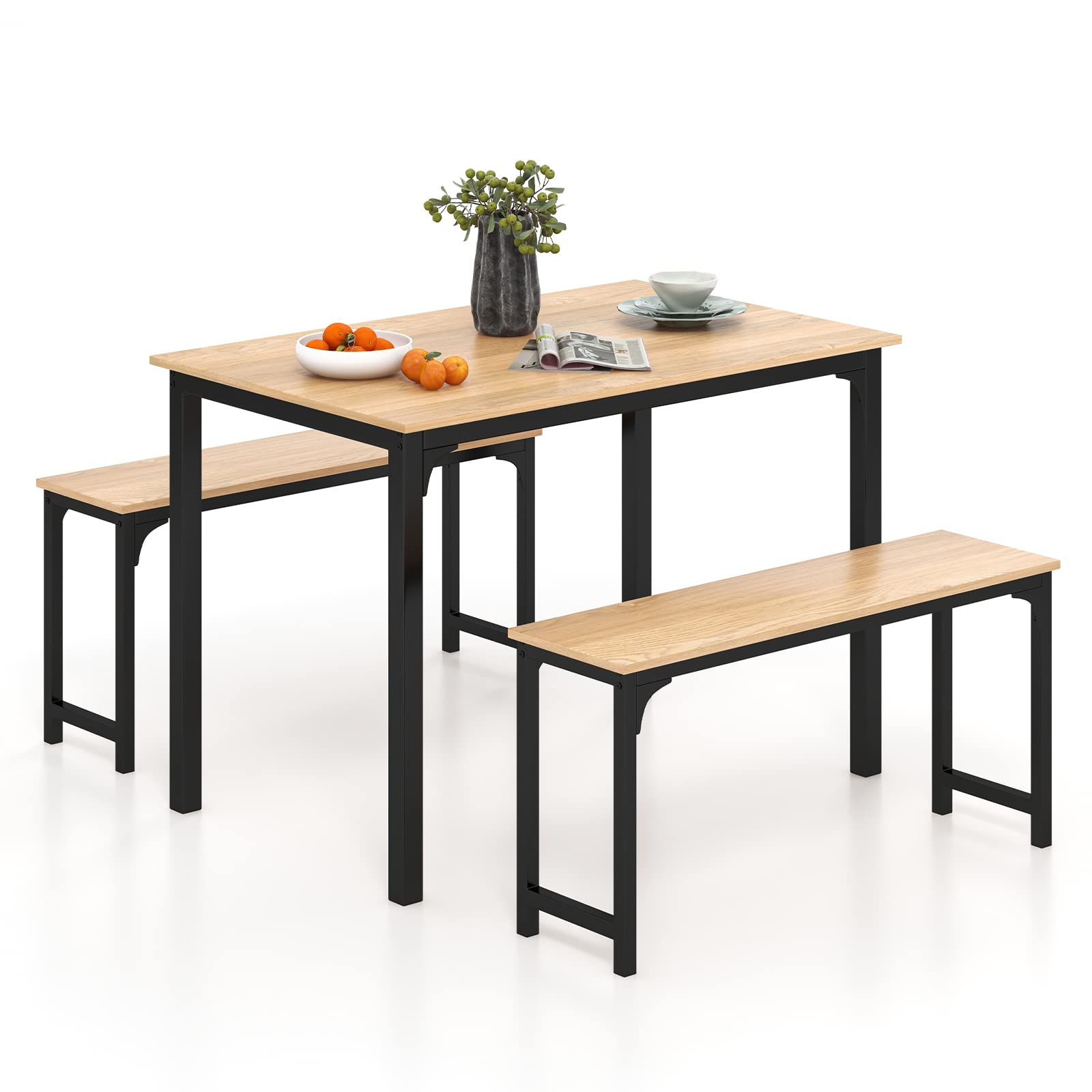 Dining Table Set with 2 Benches, Industrial Kitchen Table & Chairs with Metal Frame