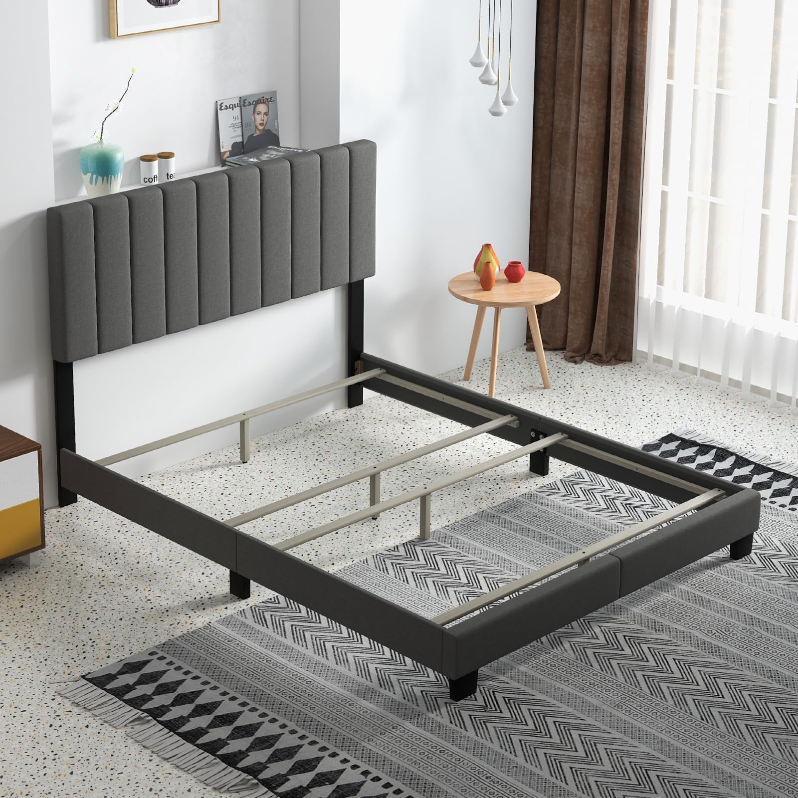 Queen Size Upholstered Bed Frame with Vertical Channel Tufted Headboard