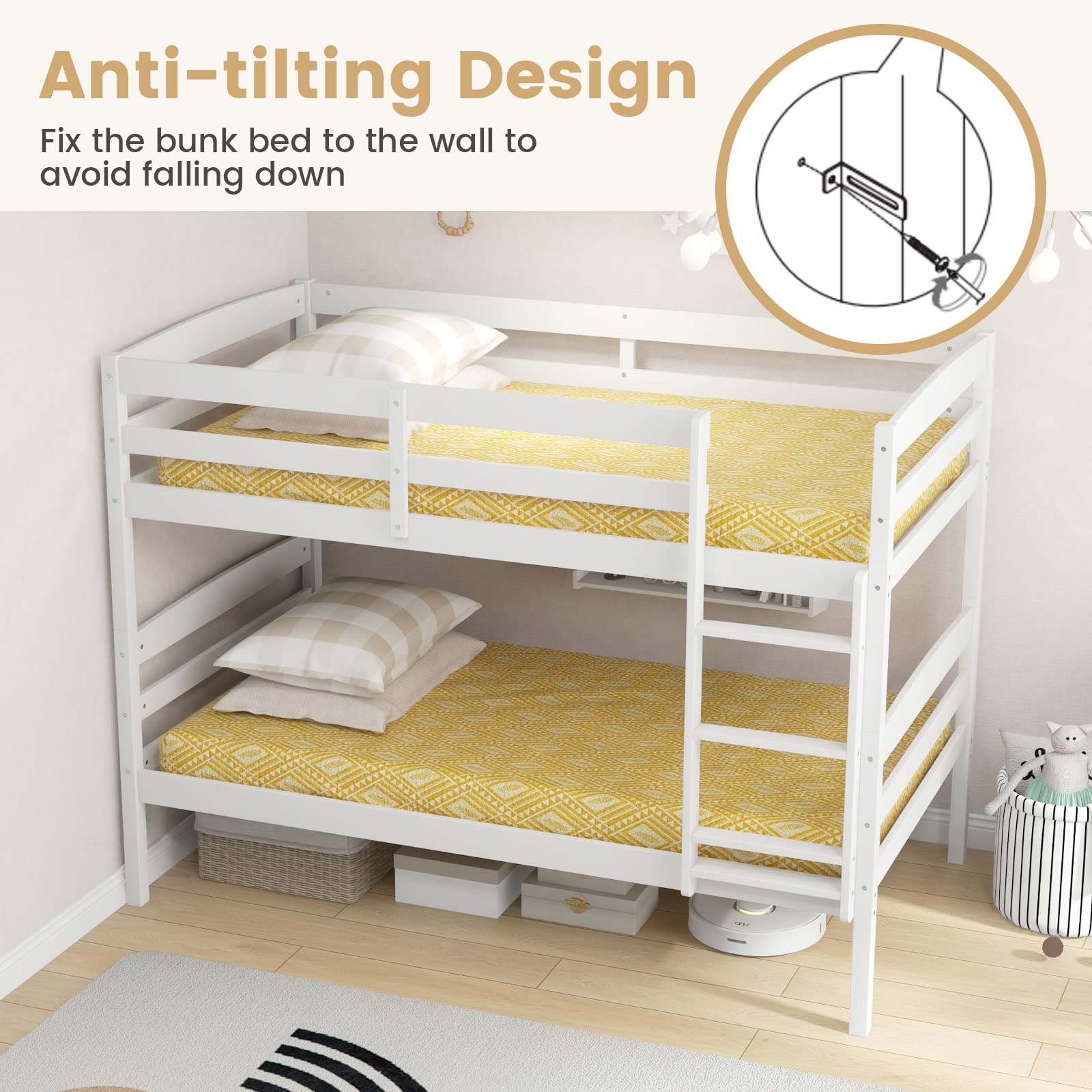Twin Over Twin Wood Bunk Bed with Full-Length Guardrail & Integrated Ladder