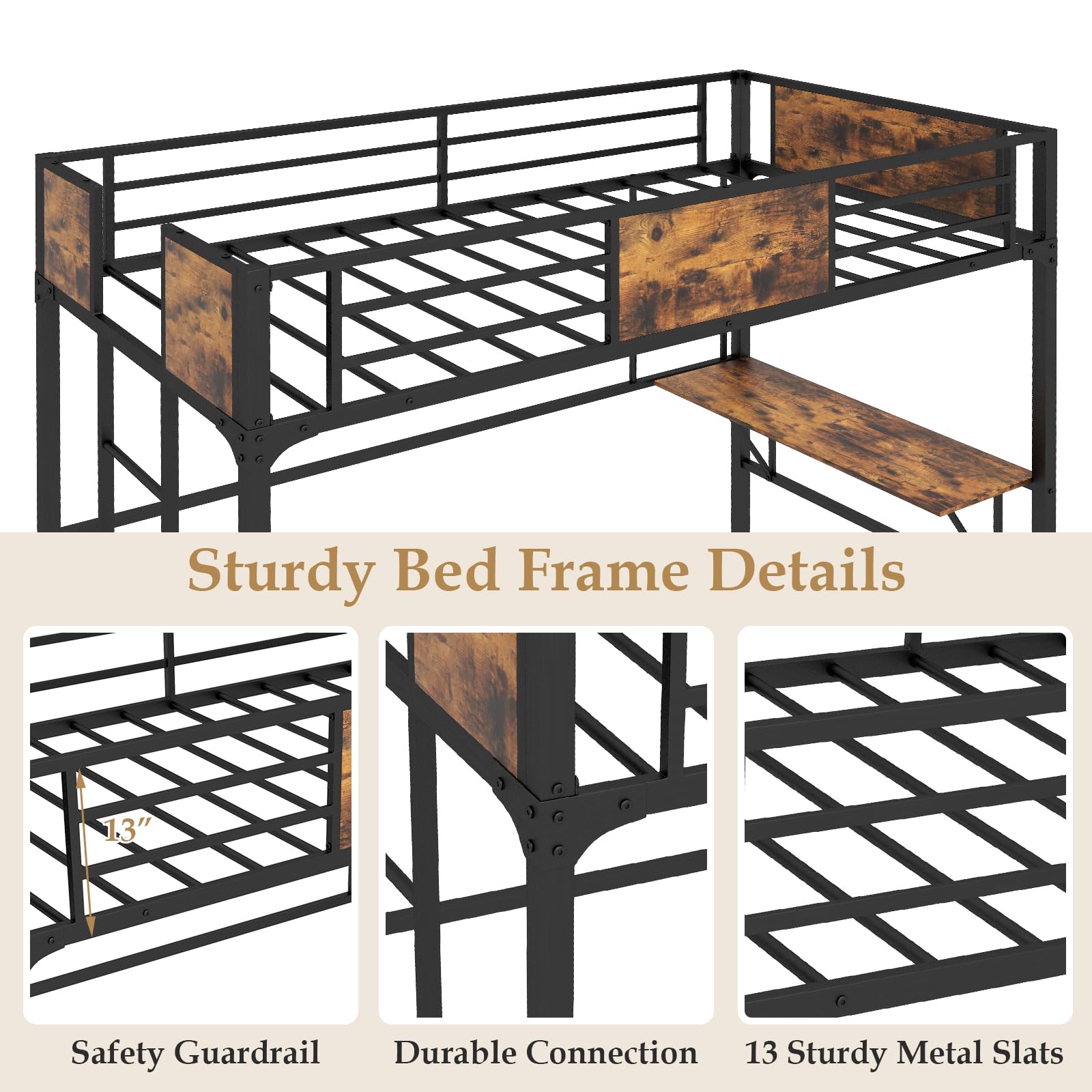 Metal Twin Loft Bed with Desk and Storage Shelf