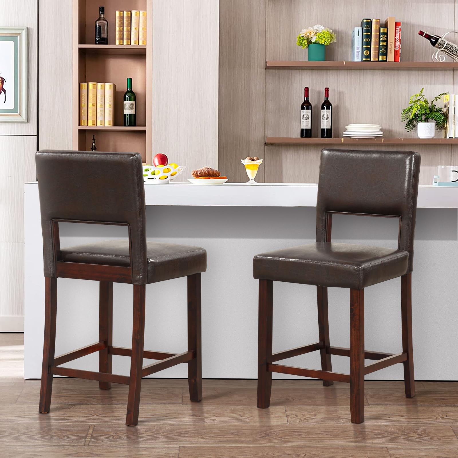 24.5" Counter Height Bar Stools Set of 2, Linen Barstools with Back, Rubber Wood Legs