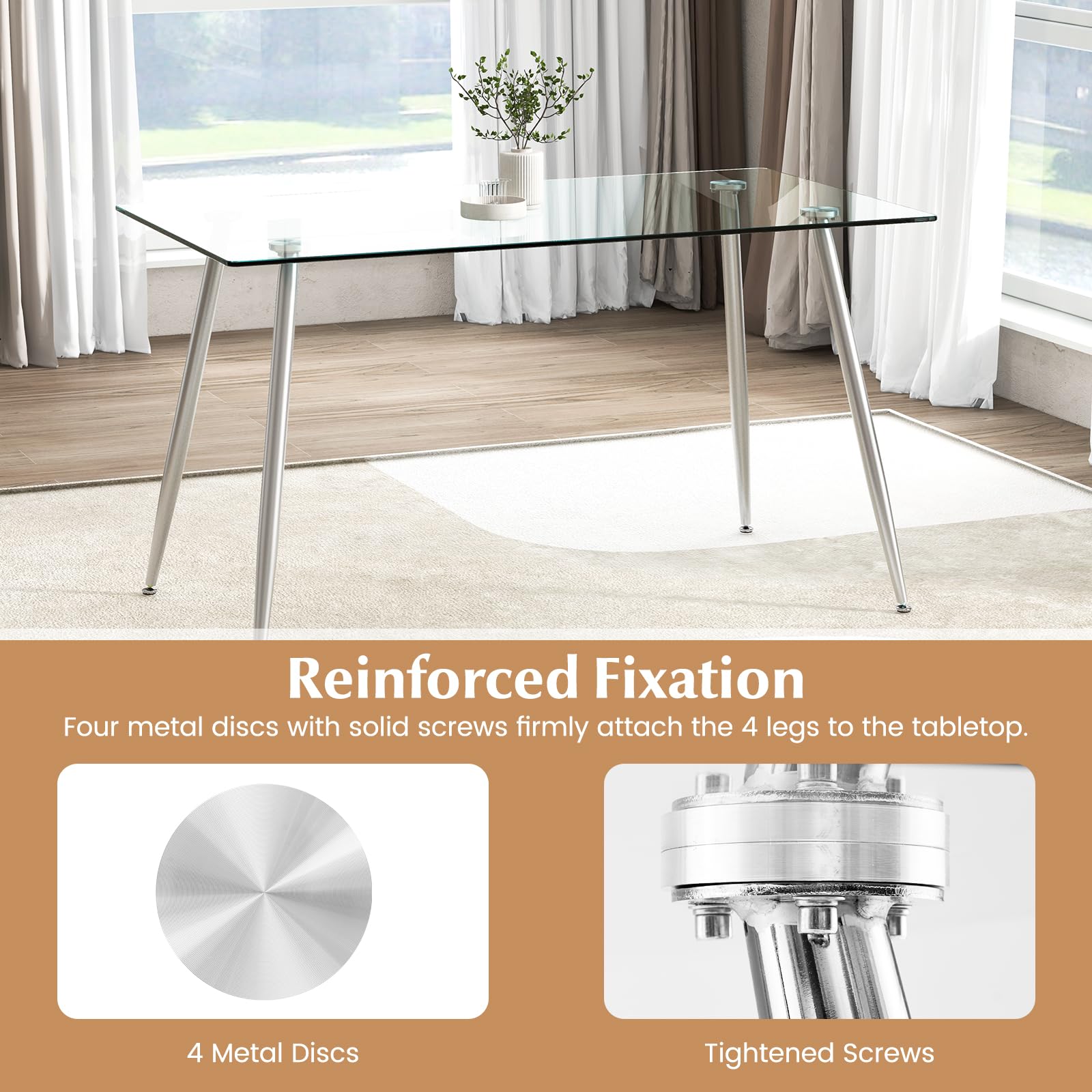 Glass Dining Table, Modern Rectangular Table with Spacious Tempered Glass Tabletop