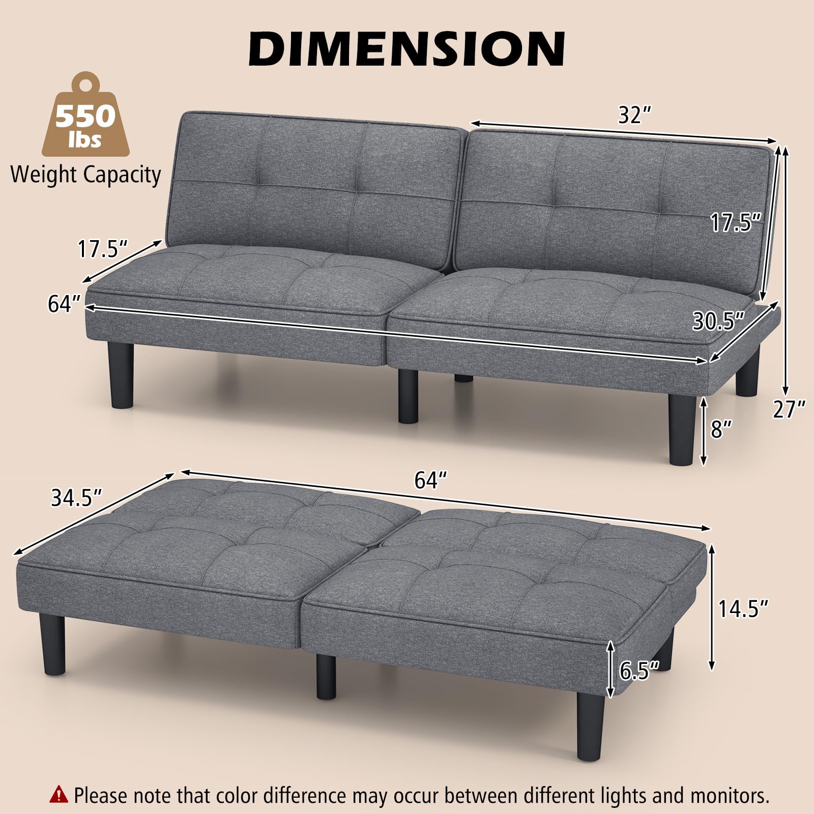 Convertible Futon Sofa Bed, Upholstered Folding Linen Sleeper Couch with 6-Position Adjustable Backrest