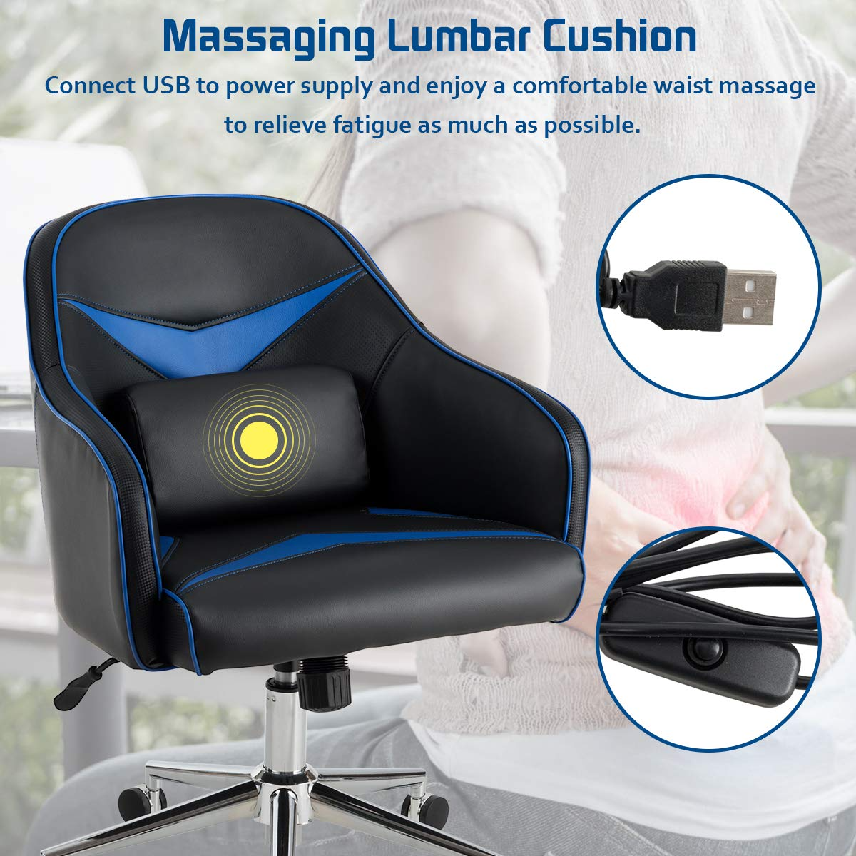PU Leather Gaming Chair, Adjustable Height Mid-Back Armchair w/Massage Lumbar Pillow