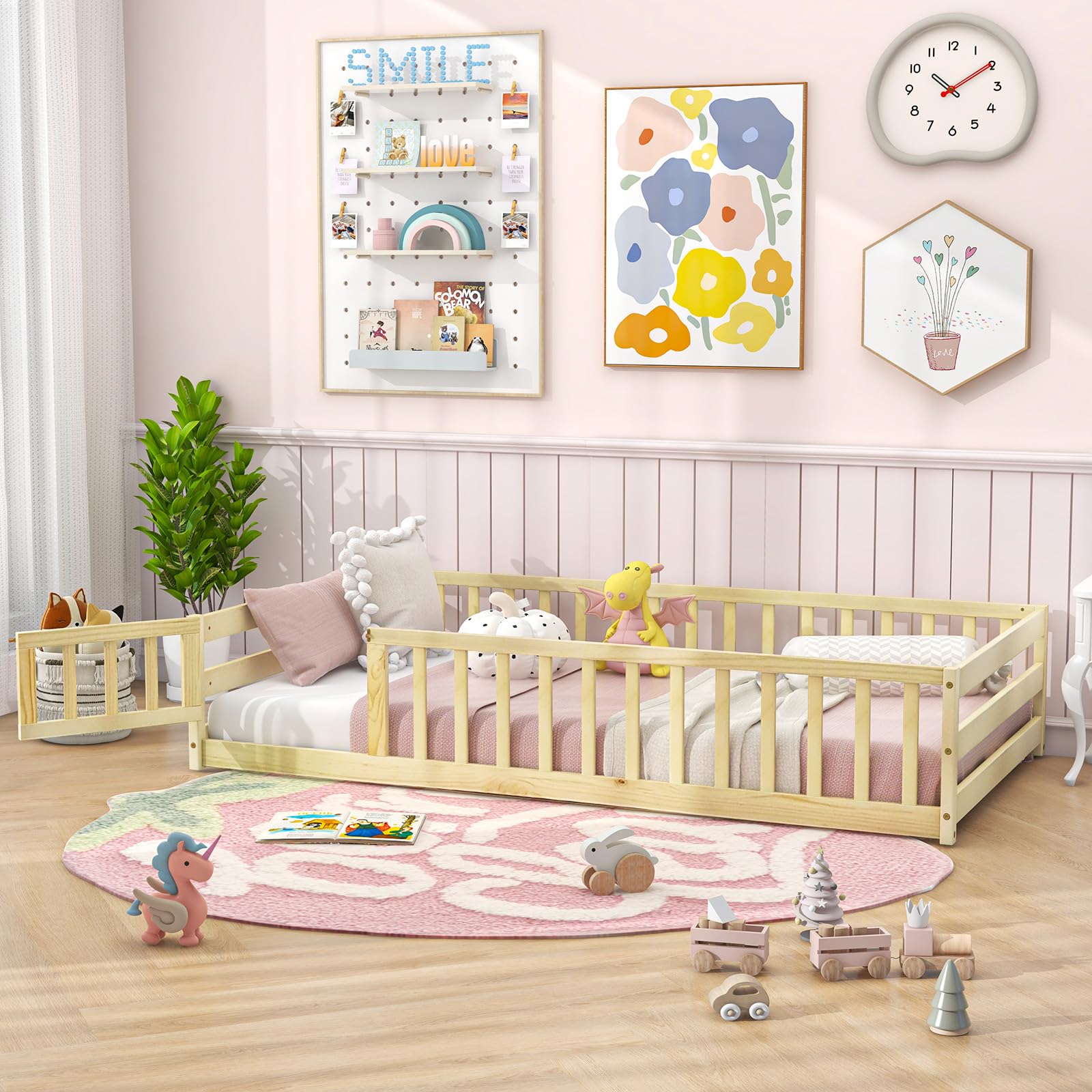 Twin Floor Bed with Door & Fence, Kids Wood Montessori Bed with Safety Guardrails