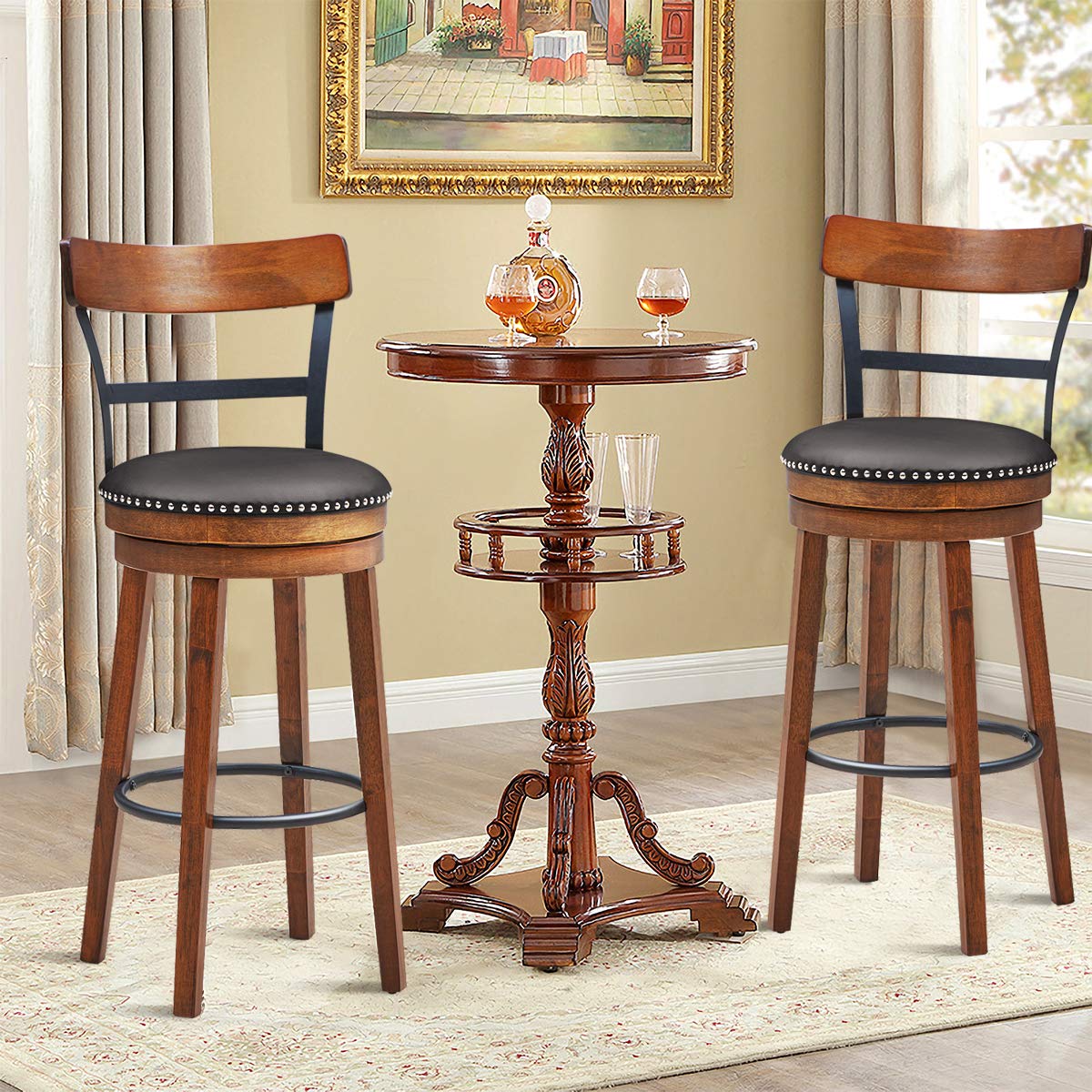 Bar Stools Set of 1/2/4, 360-Degree Swivel Stools with Leather Padded Seat, Single Slat Ladder Back & Solid Rubber Wood Legs