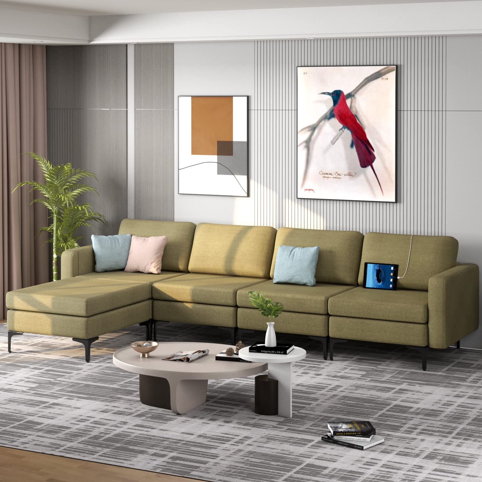 4 Seat Convertible L-Shaped Sofa Couch, 123 Inch Sectional Sleeper with 2 USB Ports Socket