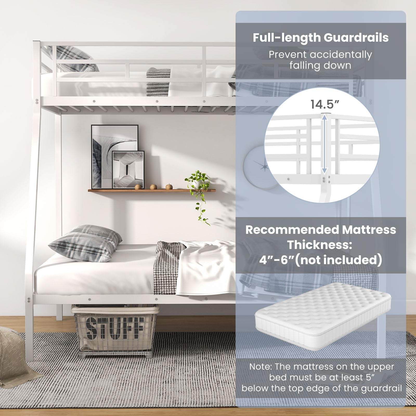 Metal Twin Over Full Bunk Bed, Heavy Duty Bed Frame with Integrated Ladder, Full-Length Guardrails for Teens & Adults
