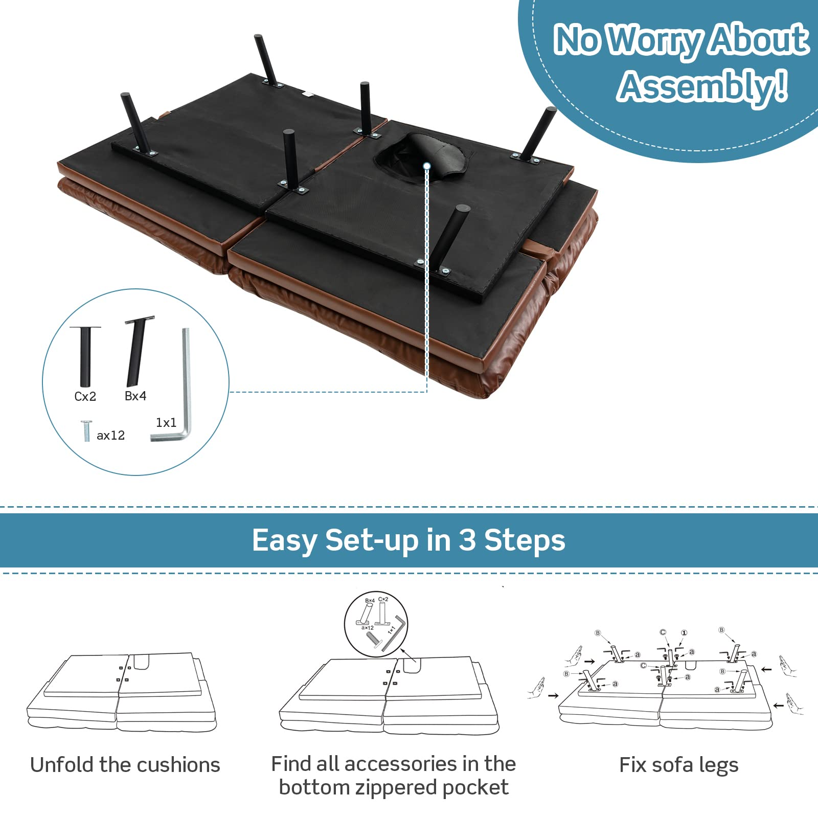 Futon Sofa Bed, Faux Leather Memory Foam Convertible Futon Couch with Adjustable Backrest & Armrests