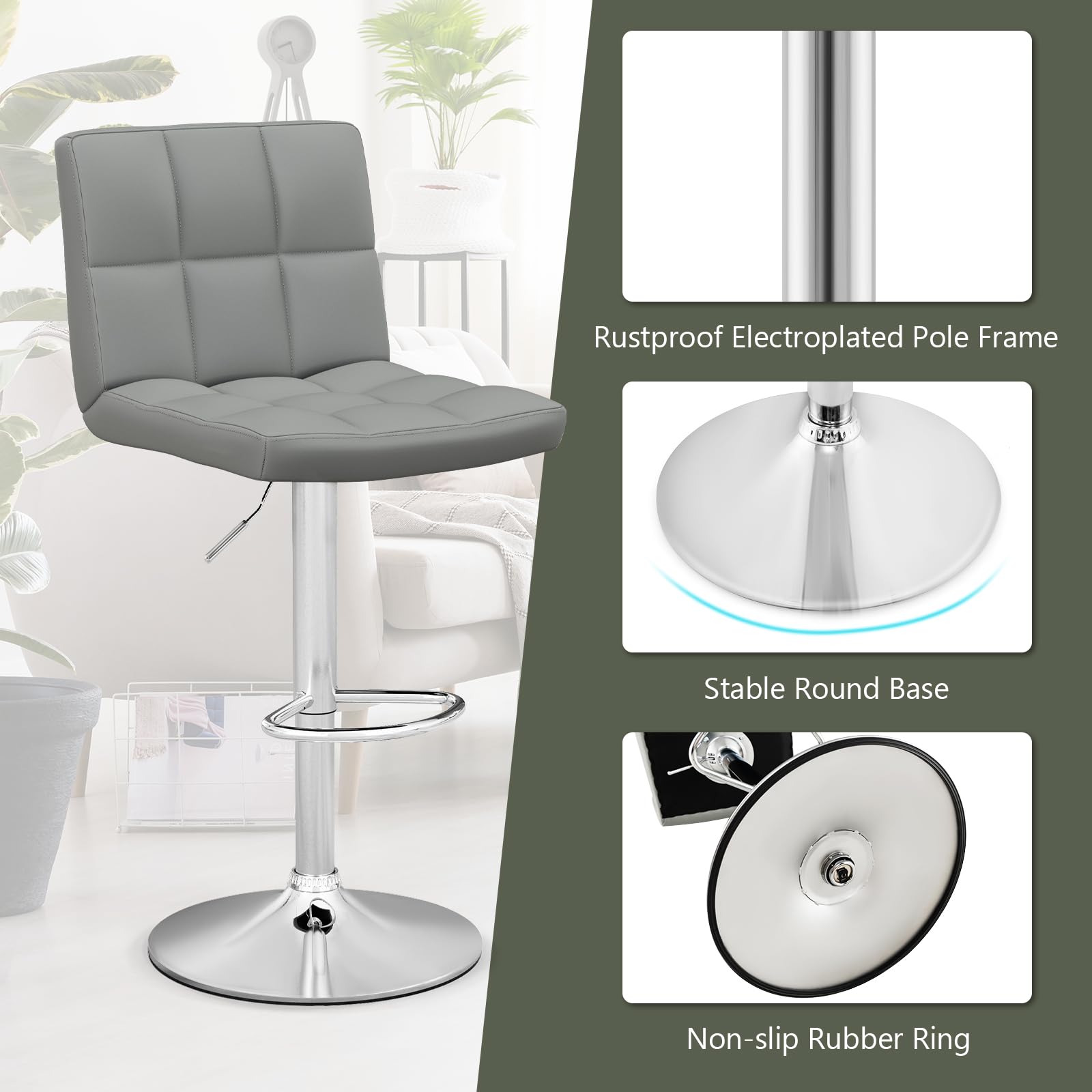 Modern PU Leather Height Adjustable Bar Stools  Set of 1/2 with Back, Footrest, Metal Base
