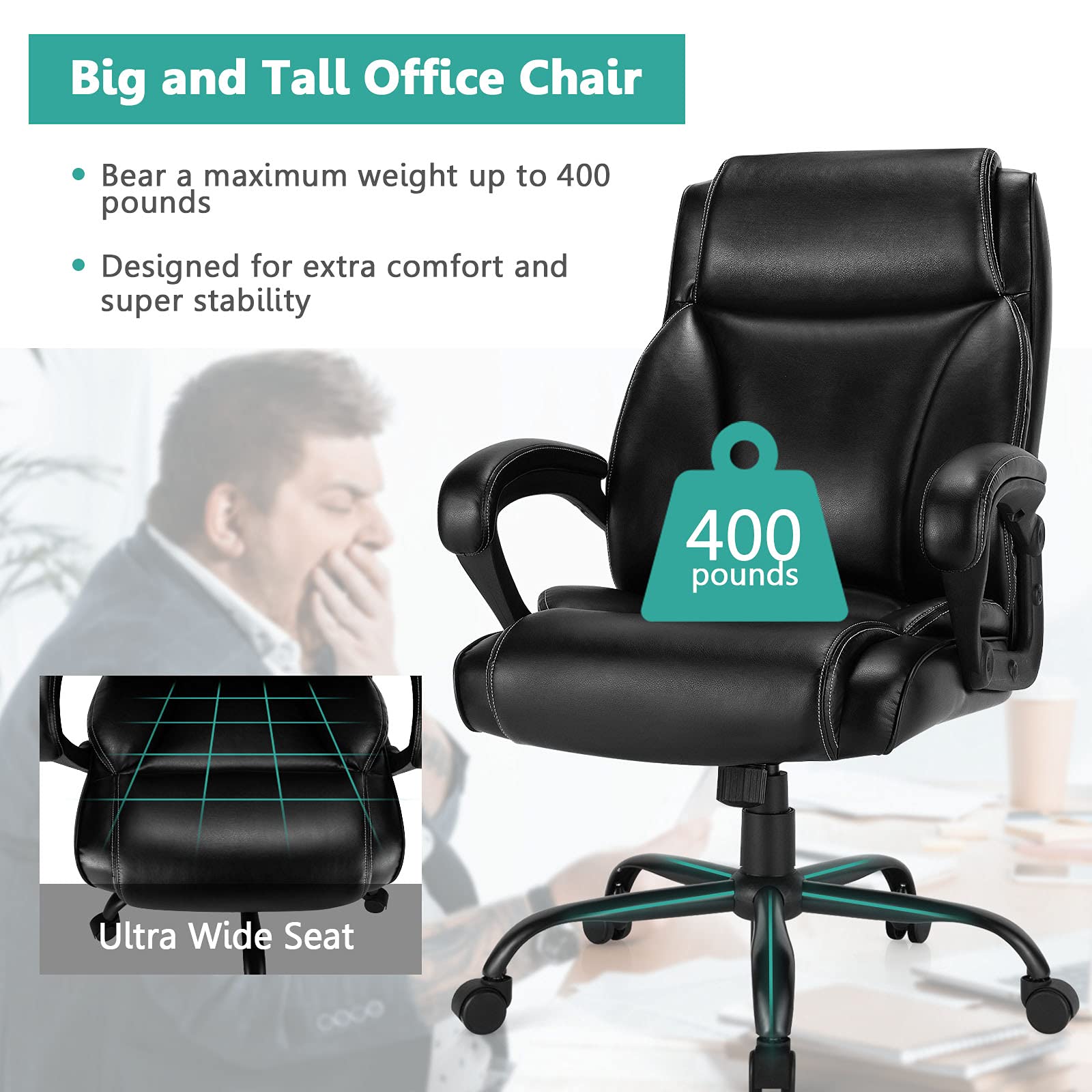 Big and Tall Leather Adjustable Swivel Executive Office Chair with Armrest and Lumbar Support