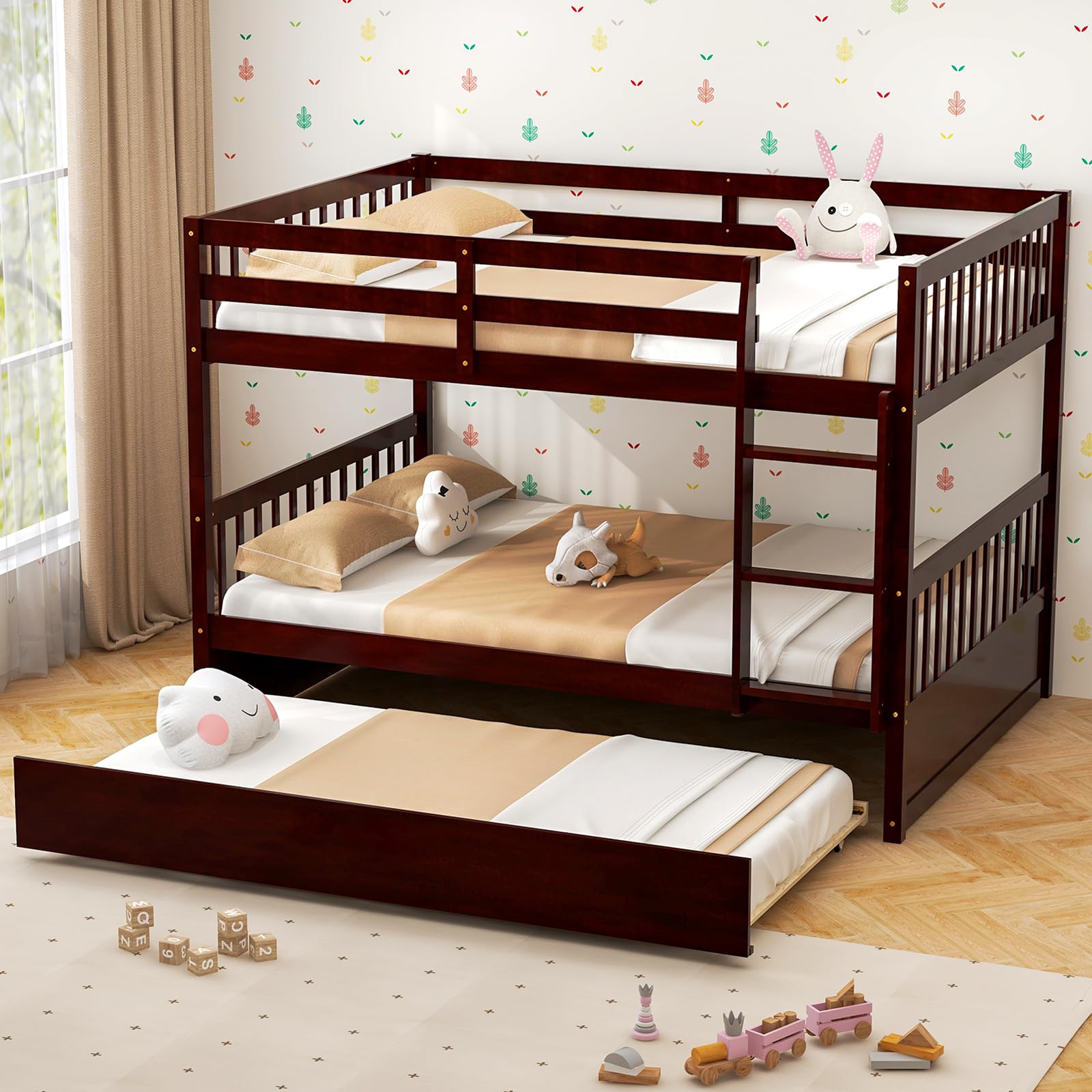Full Over Full Wood Bunk Bed with Trundle, Ladder, Solid Wood Frame & Safety Guardrails
