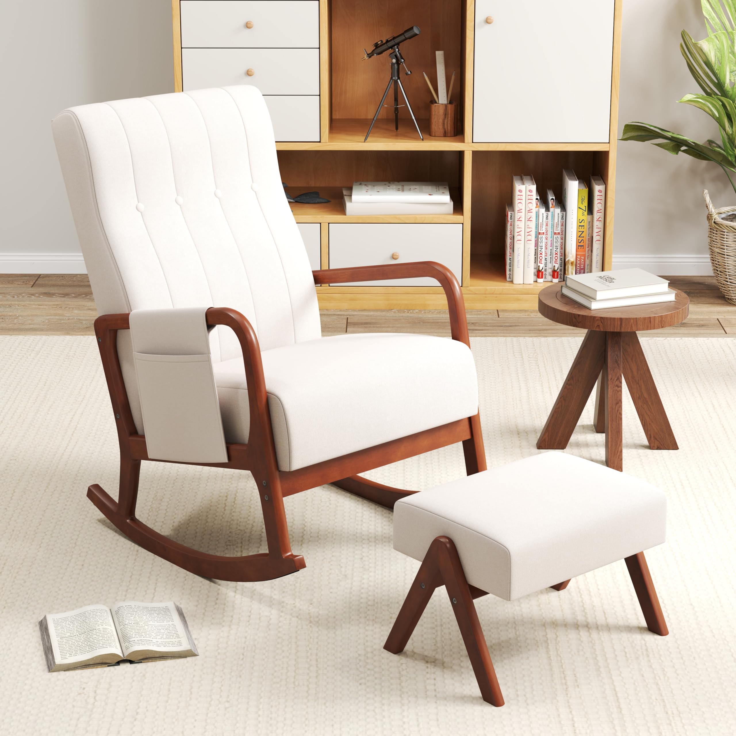 Nursery Rocking Chair with Ottoman, Upholstered Rocker Chair with Side Pocket