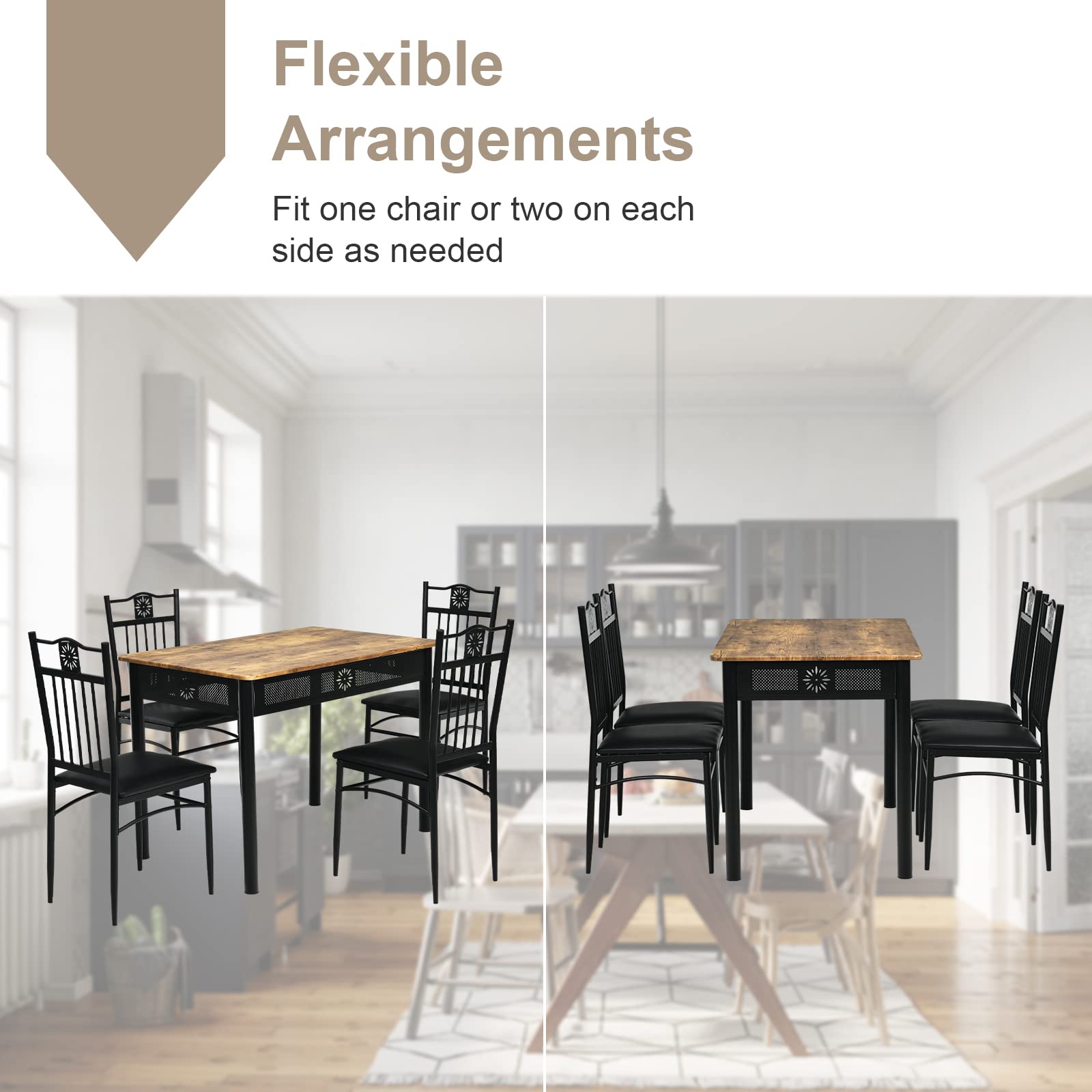 5 Piece Dining Table and Chairs Set, Vintage Retro Wood Top Metal Frame Padded Seat