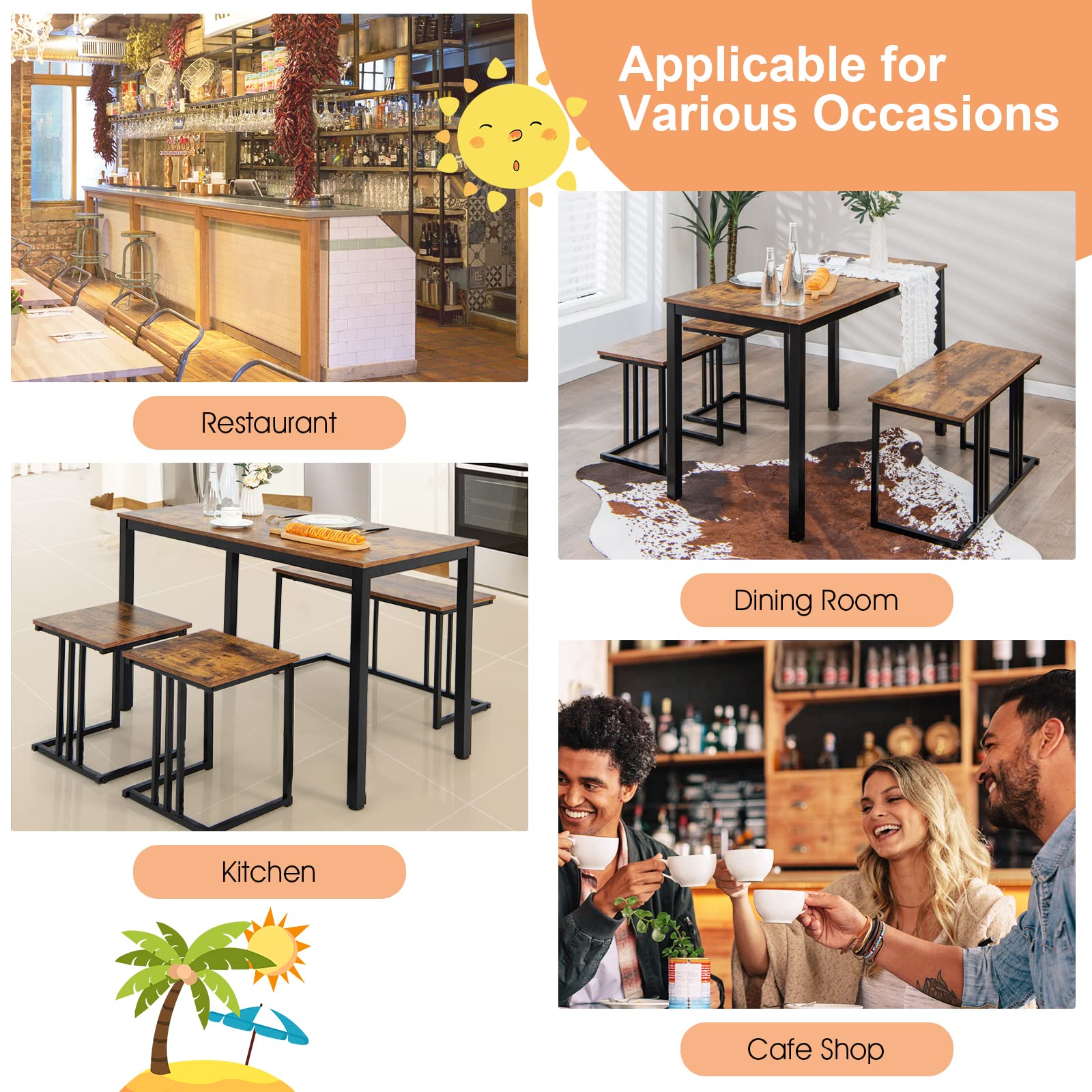 4 Piece Dining Table Set for 4 with Bench & 2 Stools, Space-Saving Desk Set
