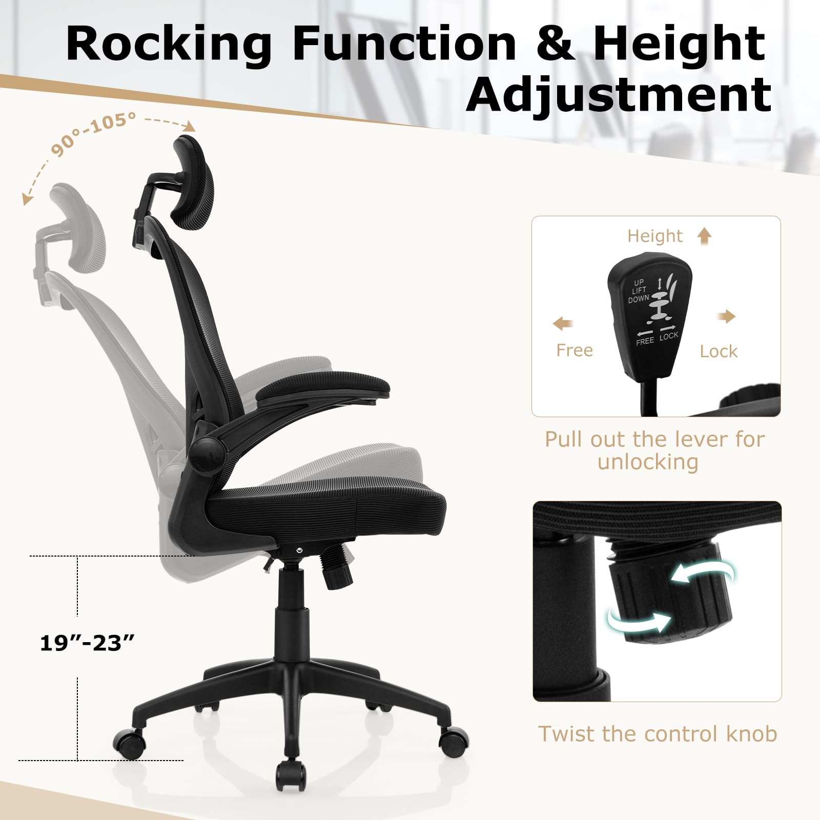 Ergonomic Mesh Office Chair, Home Office Desk Chair with Adjustable Headrest and Lumbar Support