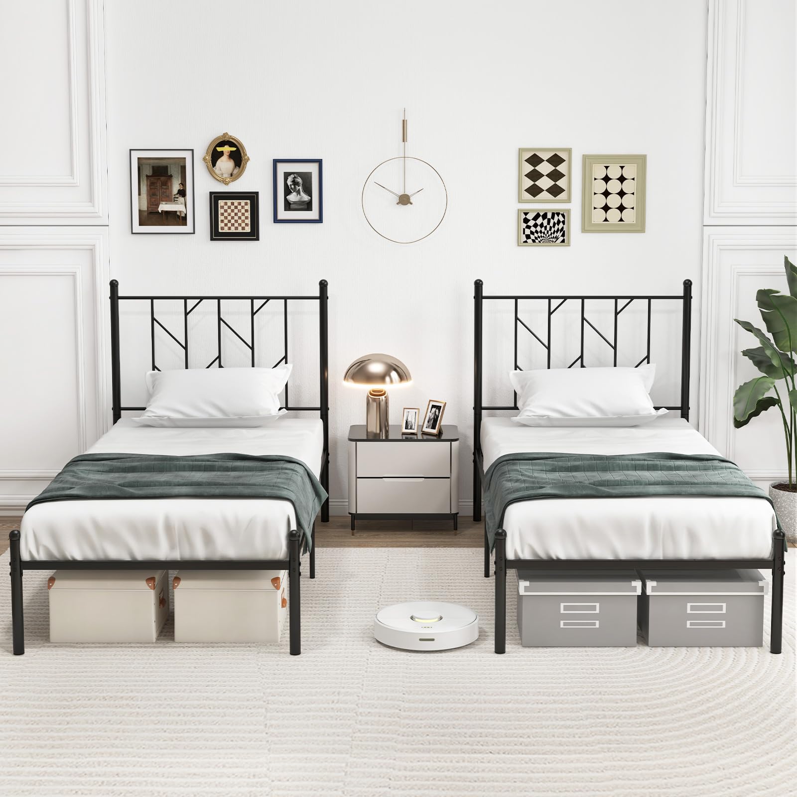 Metal Bed Frame with Victorian Style Headboard, 14 Metal Slats Support