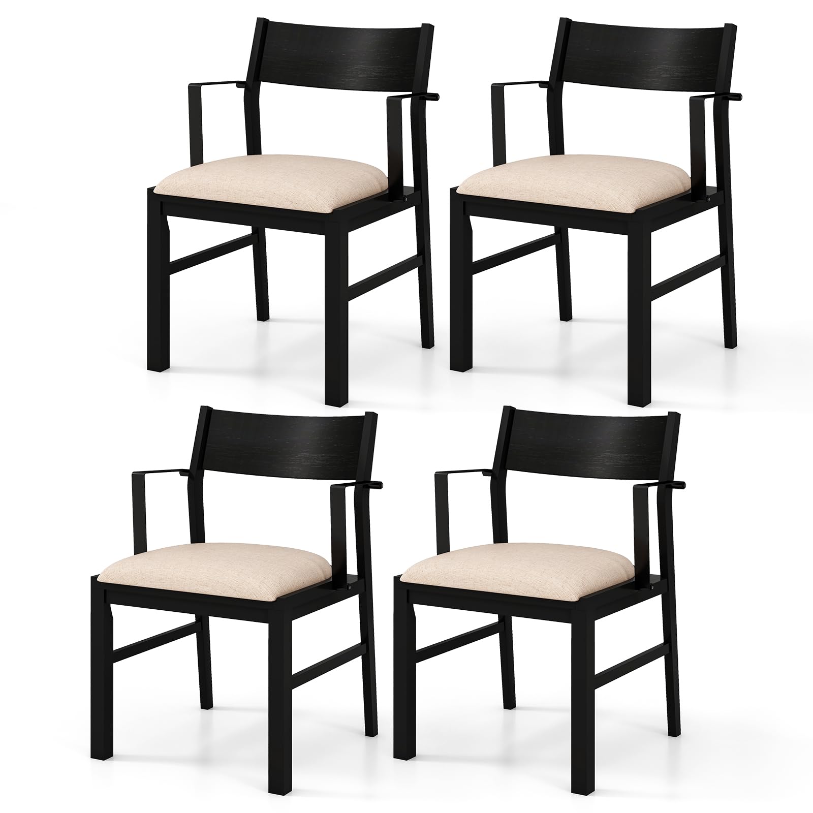 Dining Chairs Set of 2/4 with Padded Seat, Metal Armrest, Solid Rubber Wood Legs