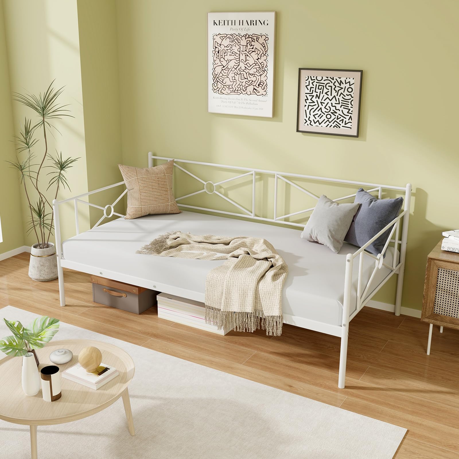 Twin Size Metal Daybed Frame, Heavy-Duty Steel Slats Support Platform Bed Frame, Multifunctional Sofa Guest Bed with Headboard