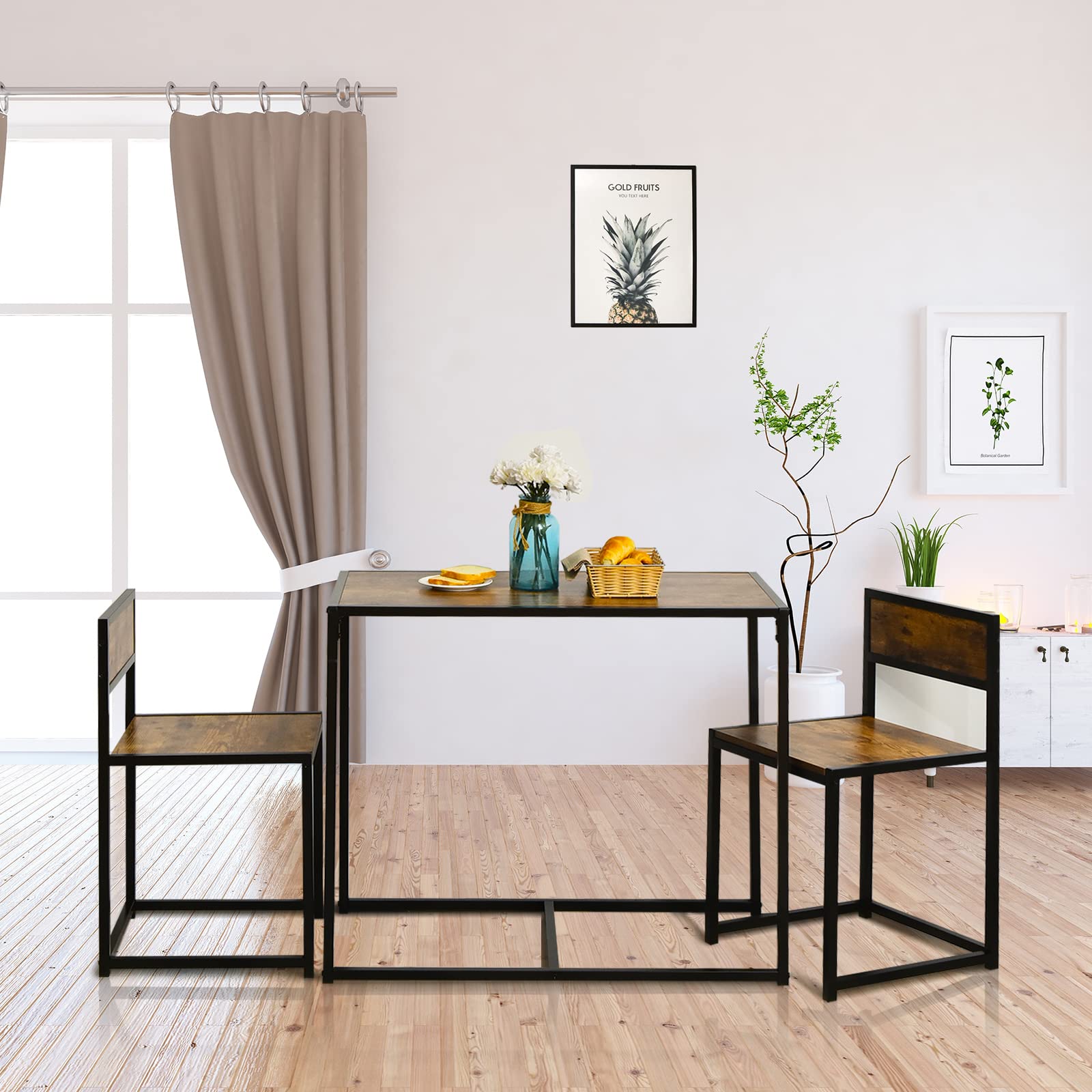 3 Piece Kitchen Table Set with 2 Chairs, Metal Frame