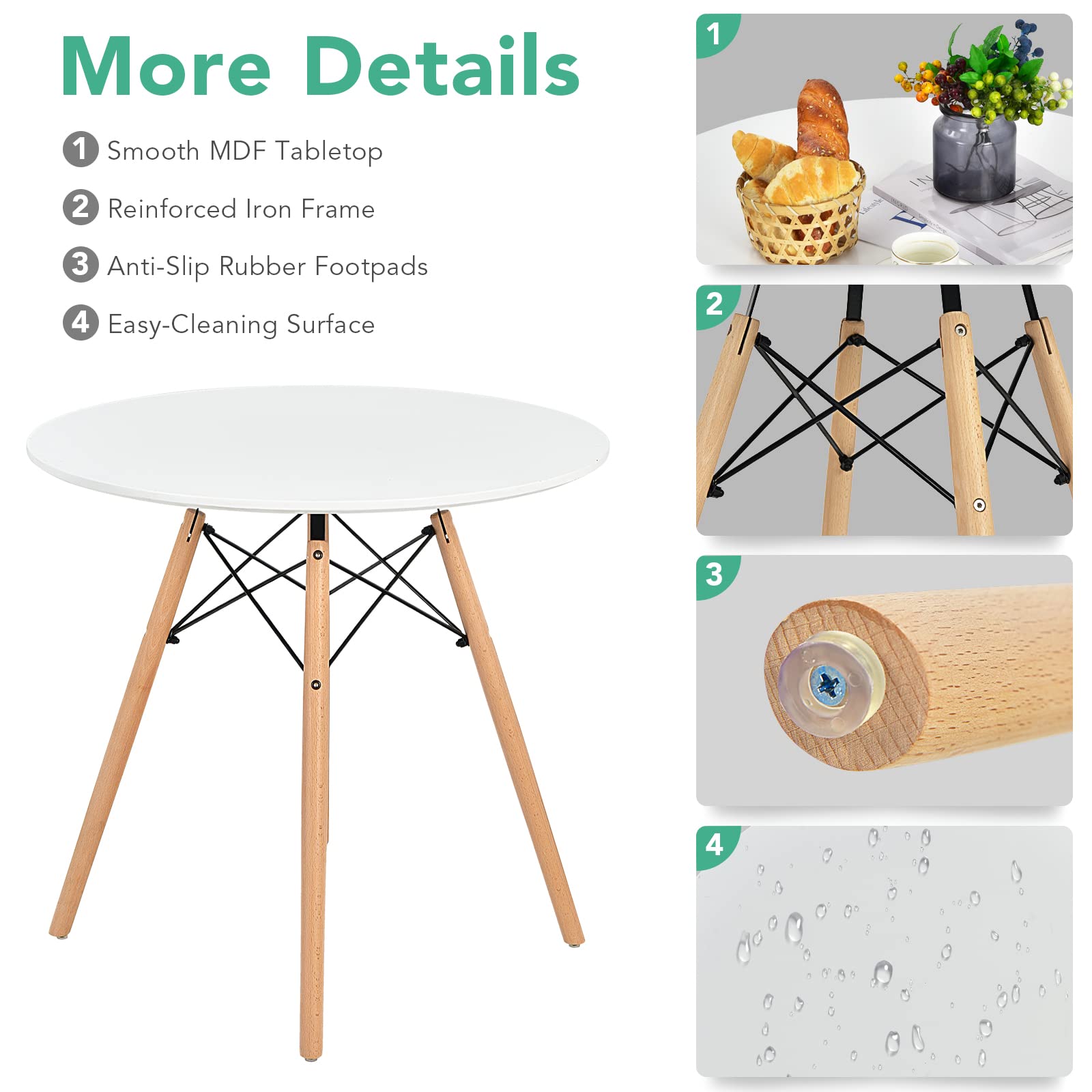 Round Dining Table Set for 4, Modern 31.5" D Dining Table & 4 Dining Chairs with Solid Wood Legs