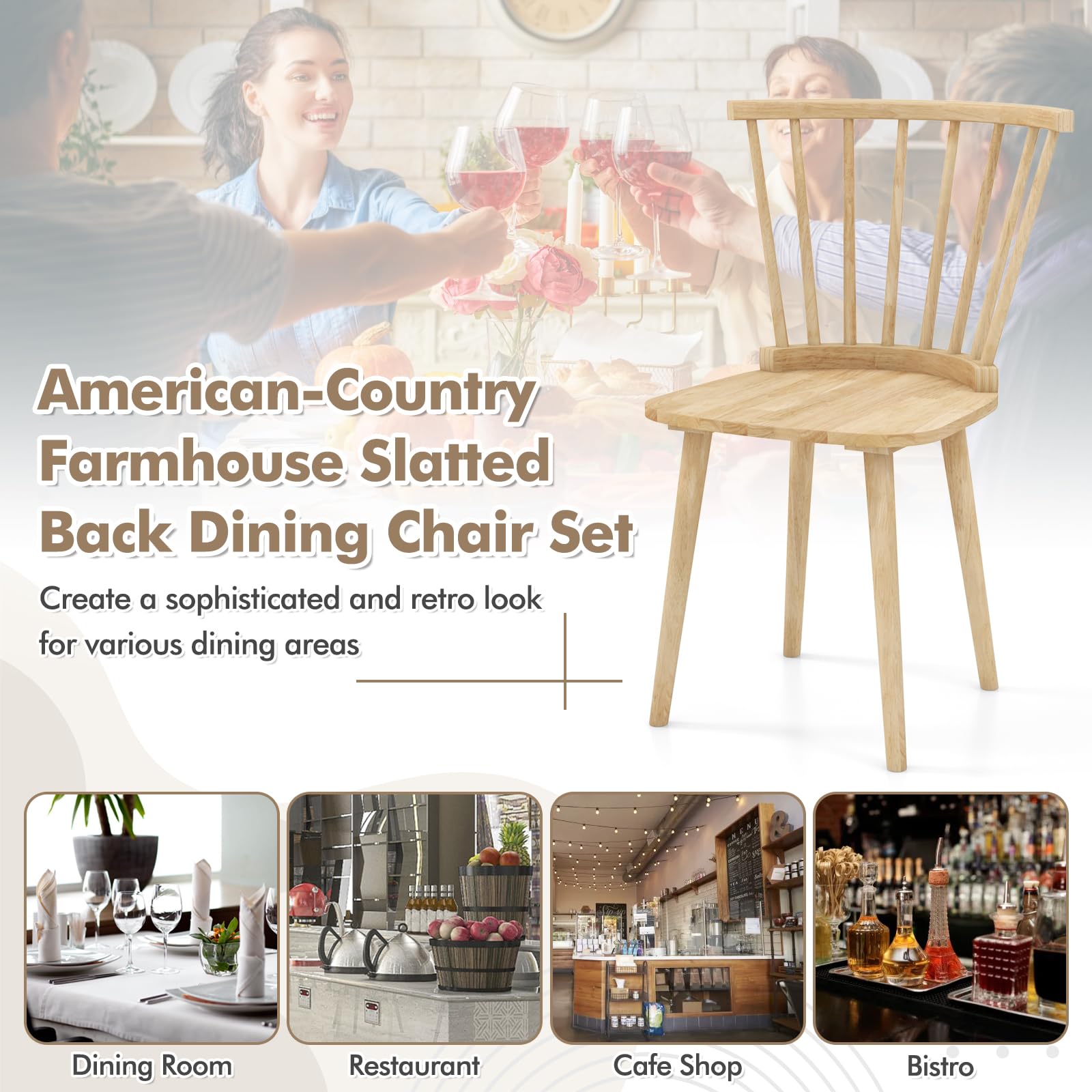 Wood Dining Chairs Set of 2/4, Windsor Dining Chairs with High Spindle Back