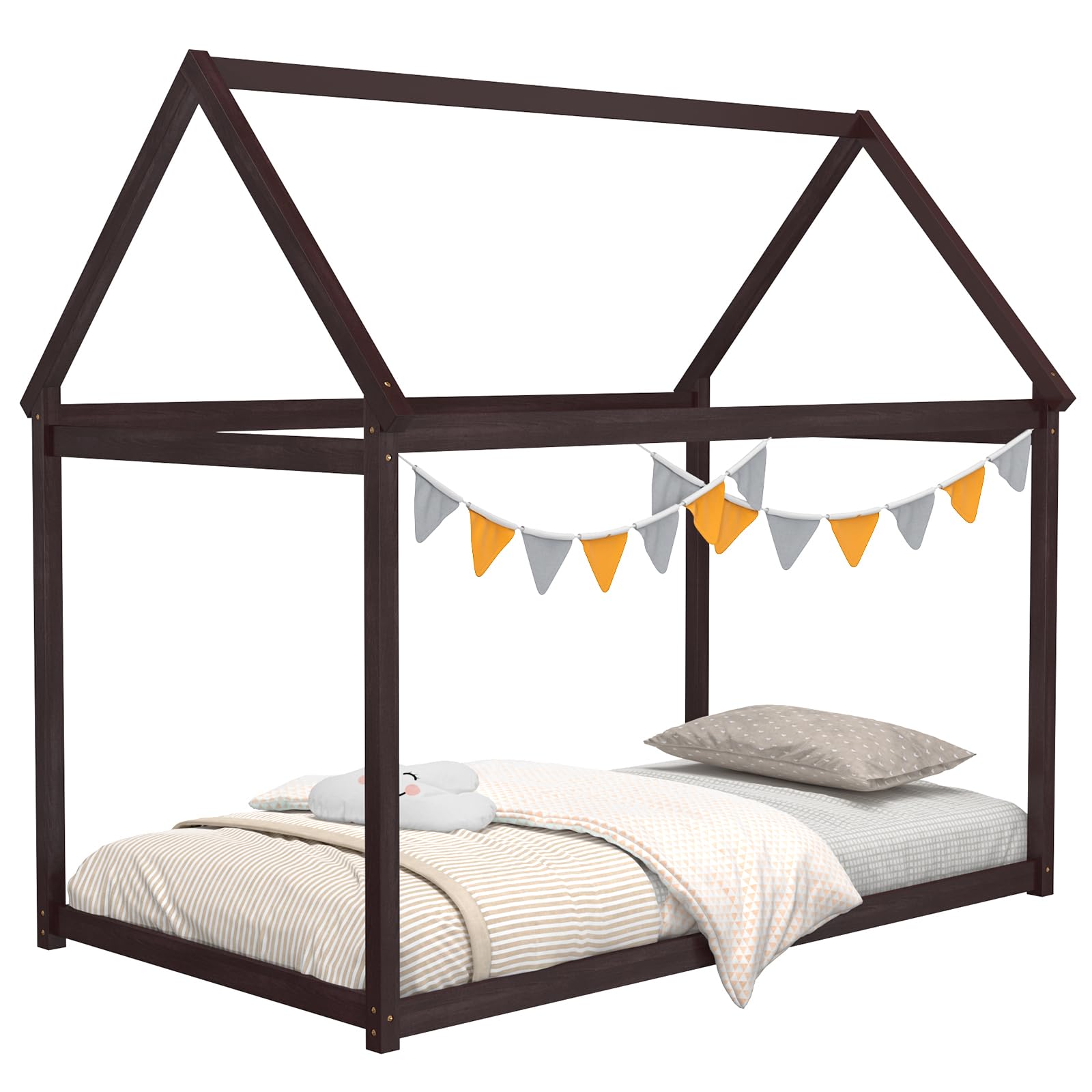 Twin Size House Bed for Kids, Solid Wood Platform Floor Bed with Roof & Multiple Slats