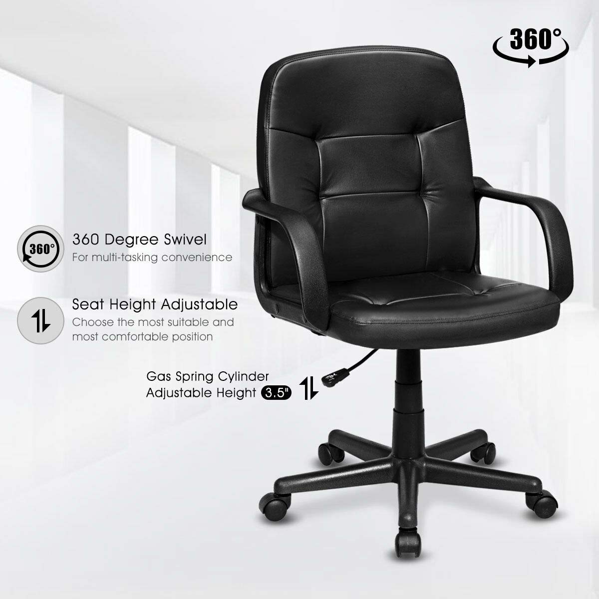 Executive Chair Mid Back Office W/Arms and Swivel Wheels
