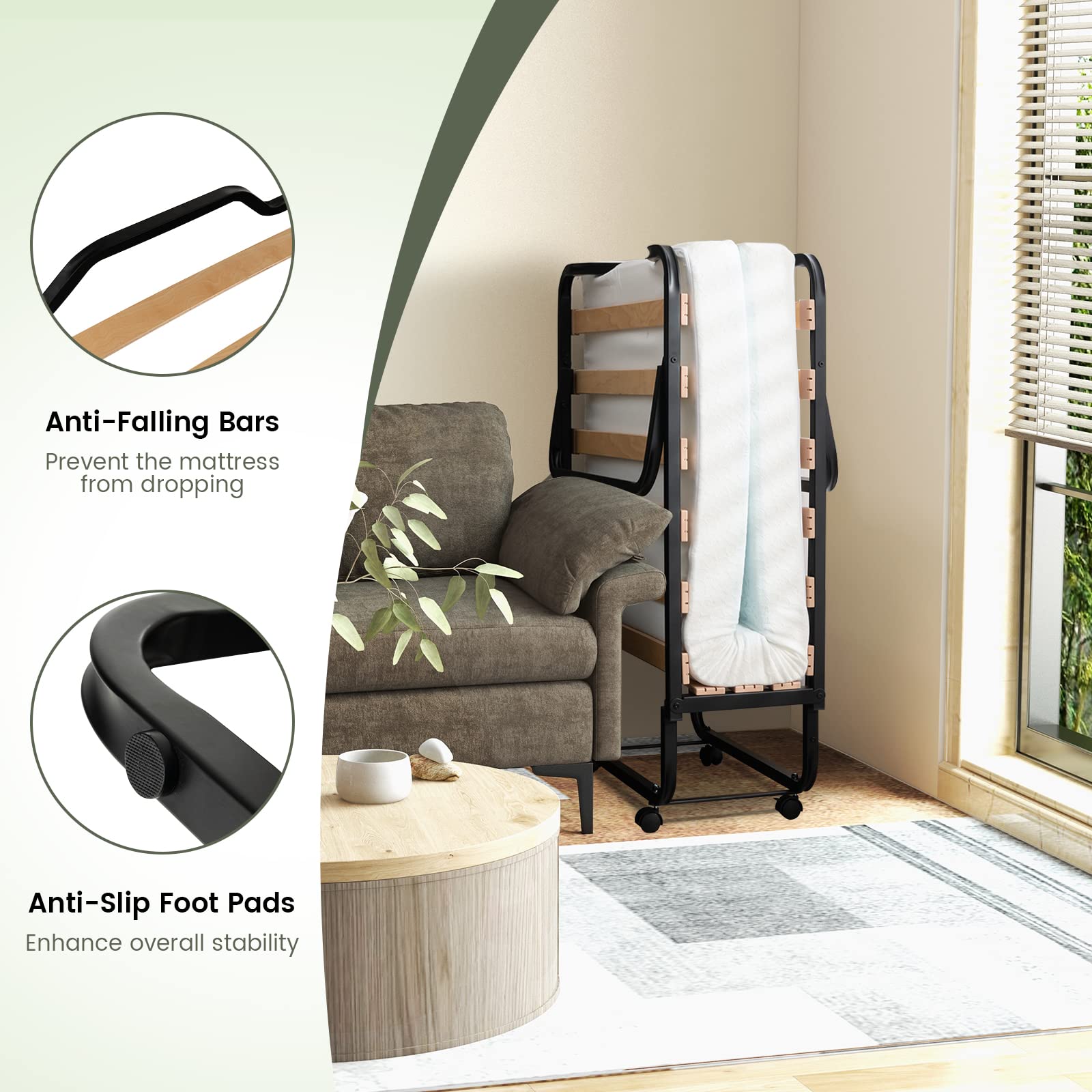 Folding Bed with 4 Inch Mattress for Adults, Cot Size Rollaway Guest Bed w/Memory Foam Mattress & Solid Wood Slats