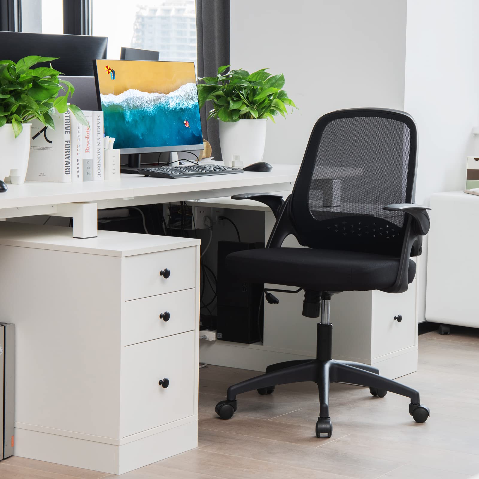 Mid-Back Height Adjustable Swivel Mesh Office Chair with Flip-up Armrests, Lumbar Support