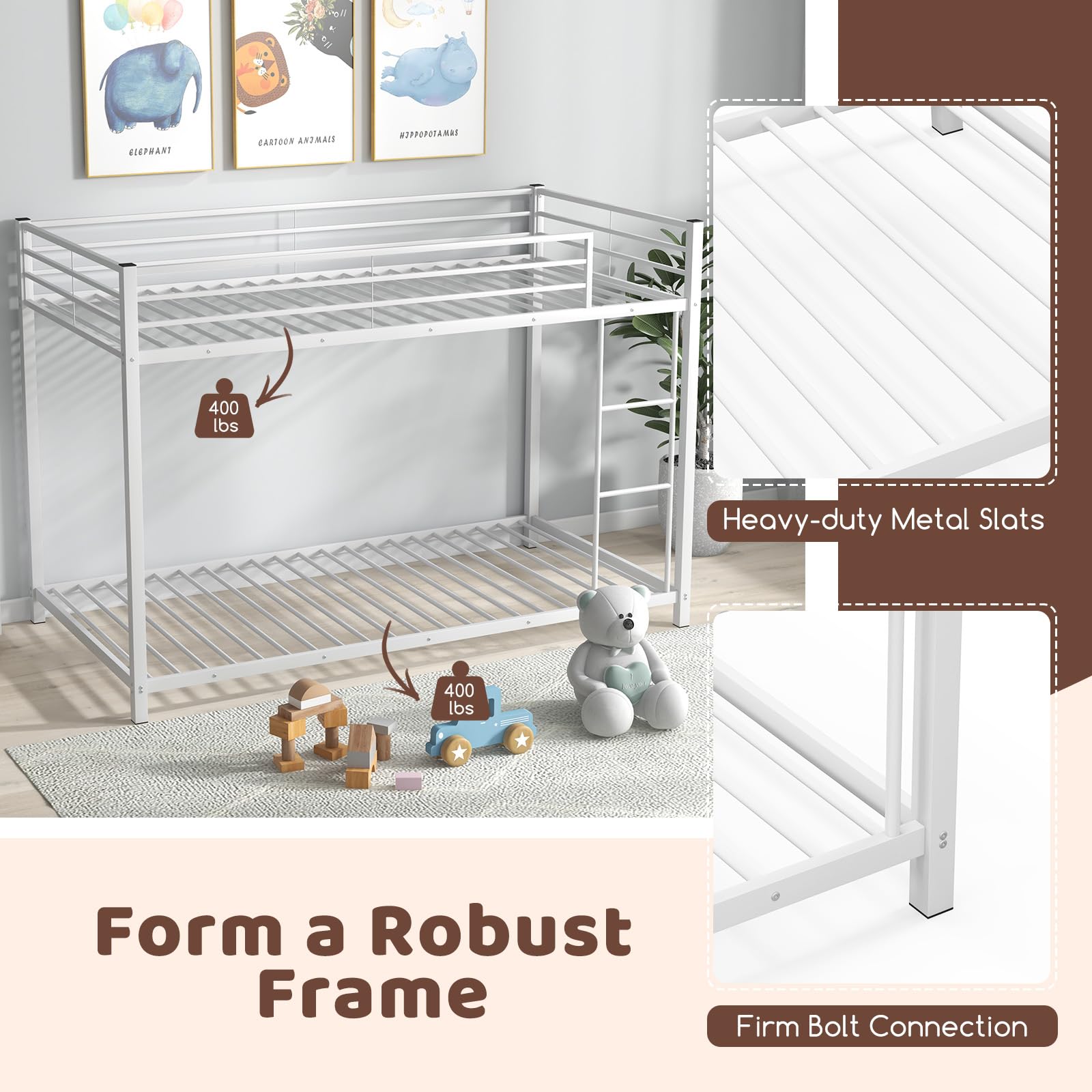Twin Over Twin Metal Low Profile Bunk Bed with Safety Guard Rails & Side Ladder
