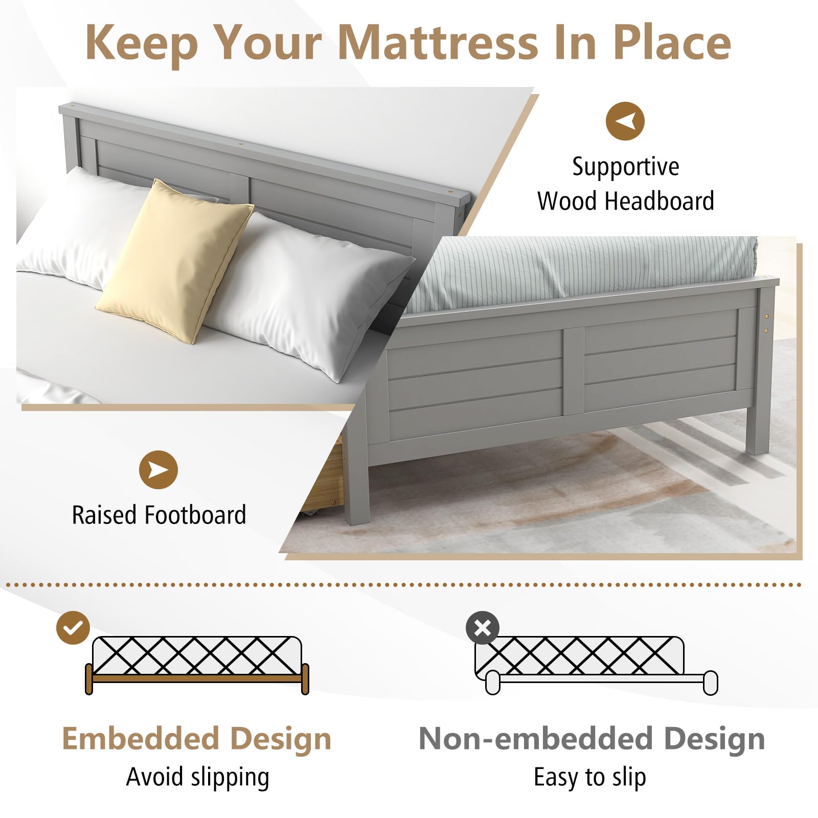 Wood Bed Frame with 2 Storage Drawers