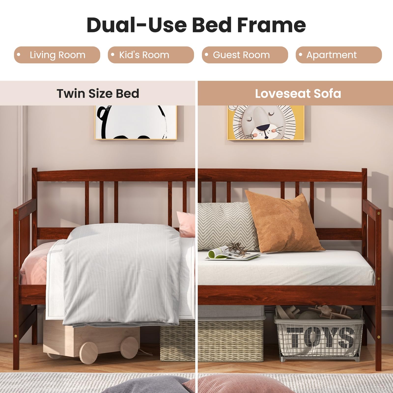 Twin Daybed Frame, Wooden Sofa Bed Guest Bed with Rails & Wood Slat Support