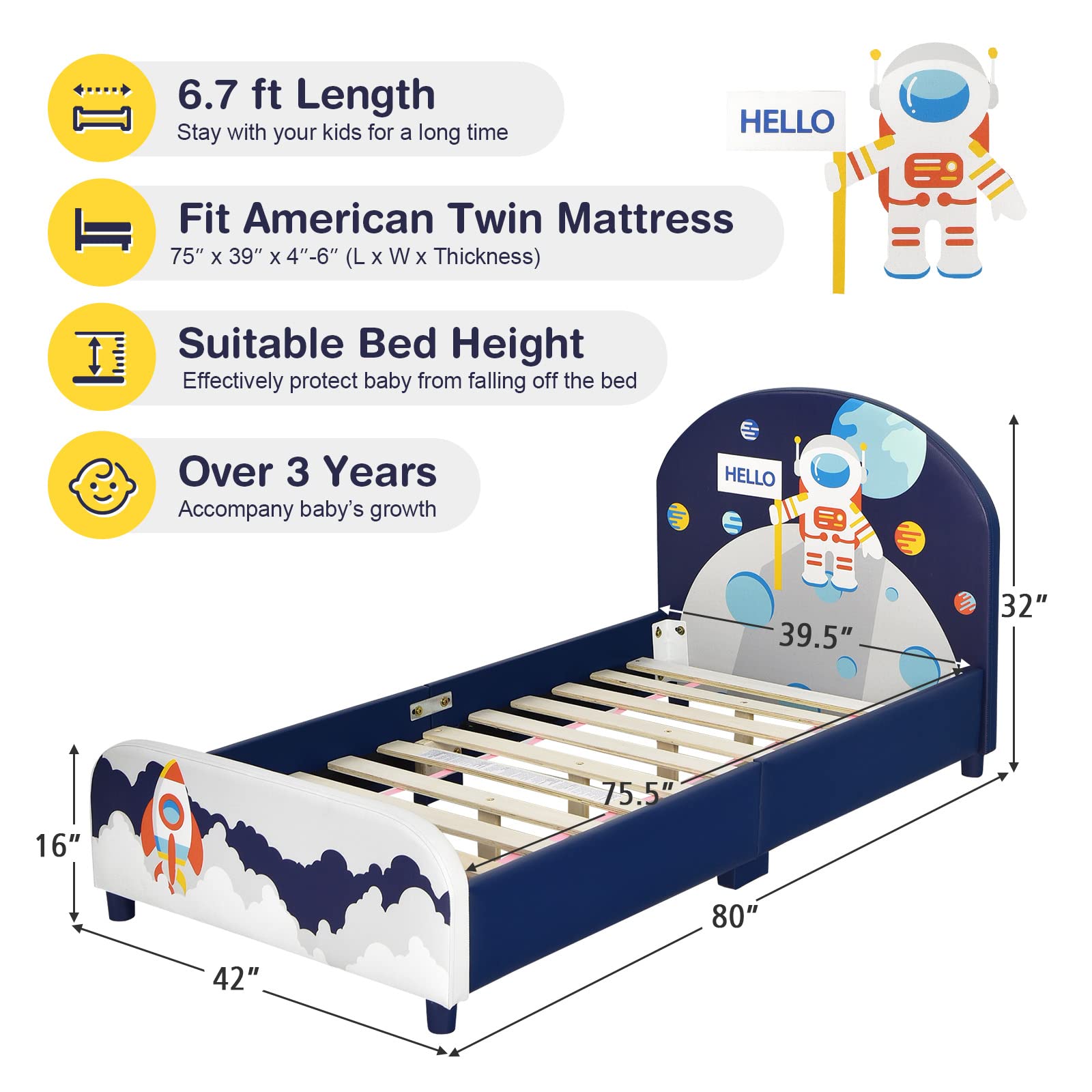 Kids Bed, Toddler Upholstered Platform Floor Bed w/Headboard & Wooden Slat Base