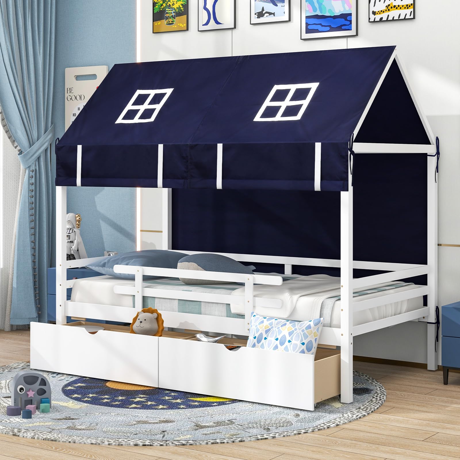 Twin House Bed with Tent, Wood Kids Bed with 2 Storage Drawers, Solid Wood Daybed Frame with Rails and Roof