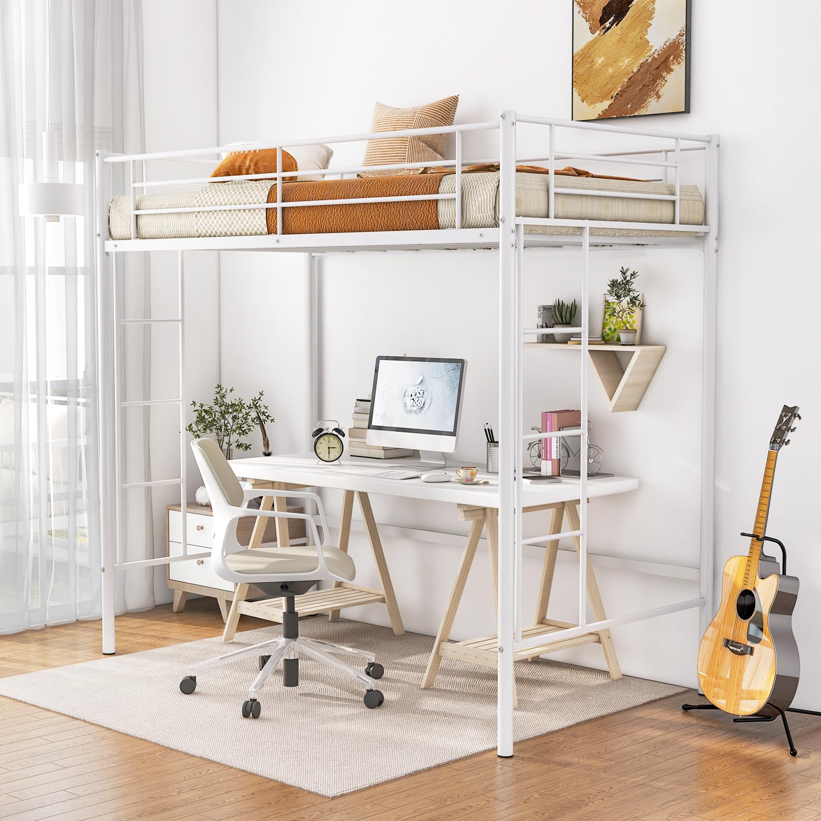Twin Size Metal Loft Bed with Both Side Ladders & Safety Guardrails