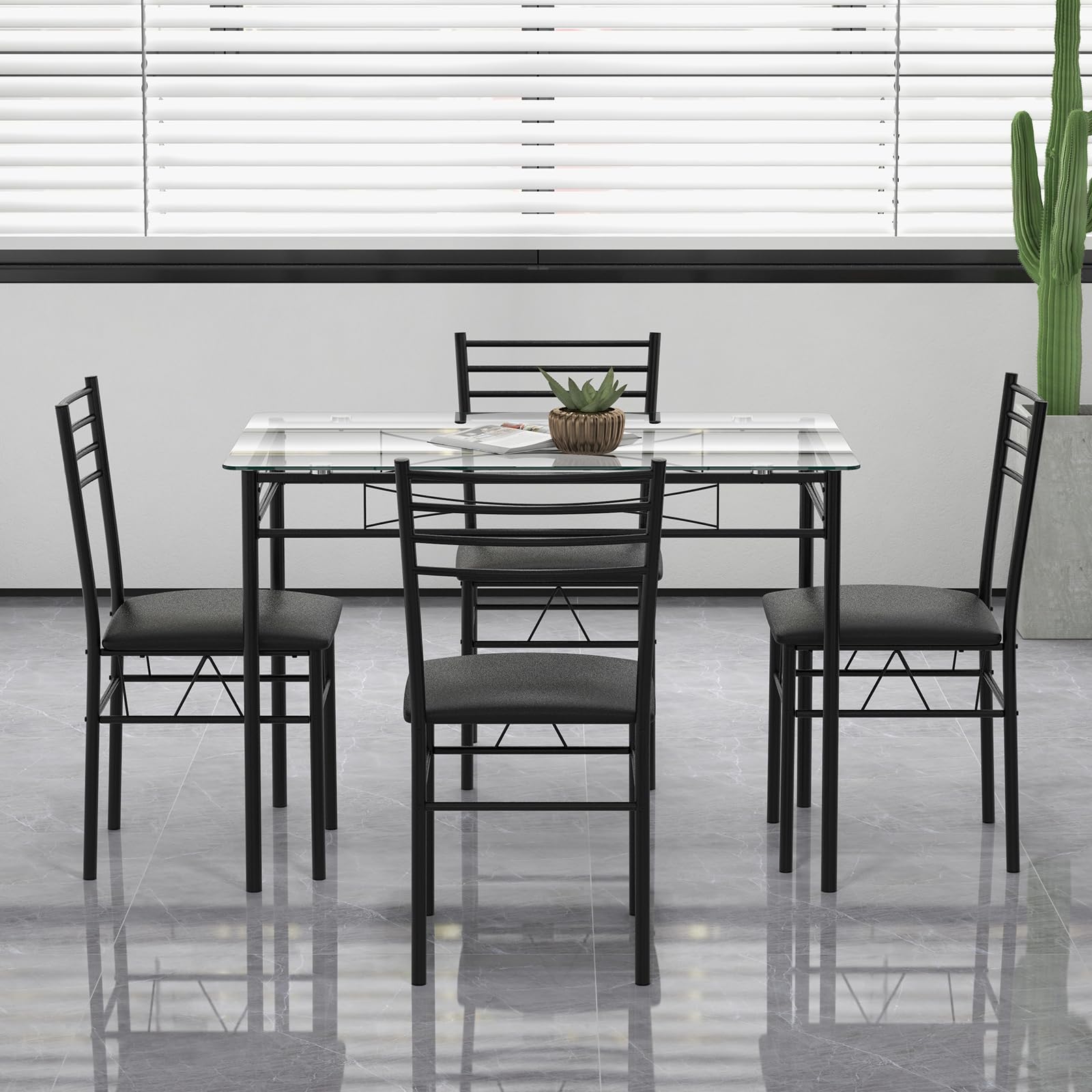 5 Piece Dining Table Set with Tempered Glass Table Top and 4 Upholstered Chairs
