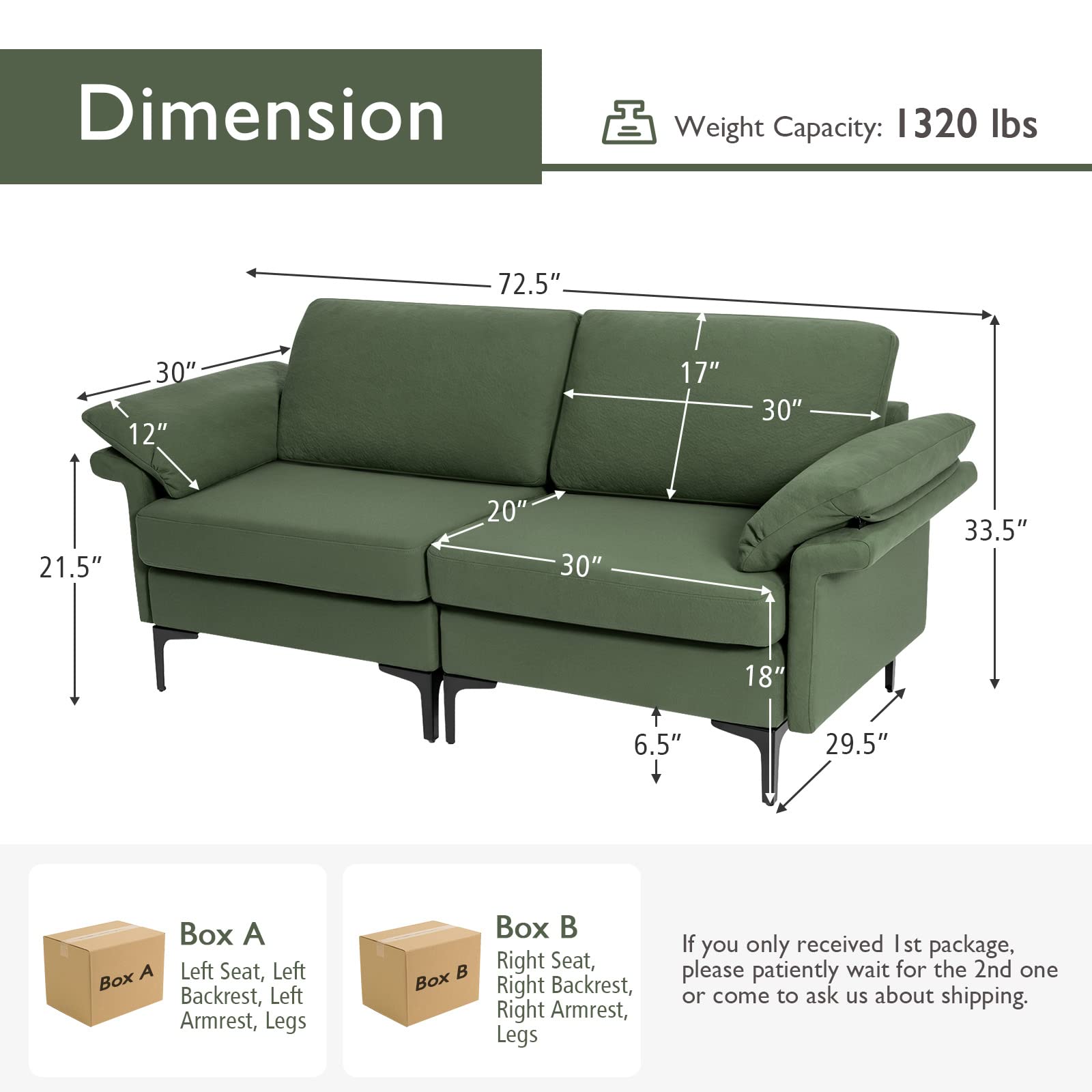 72.5" Loveseat Sofa Couch, Modern Love Seat with Removable Armrest Pillows
