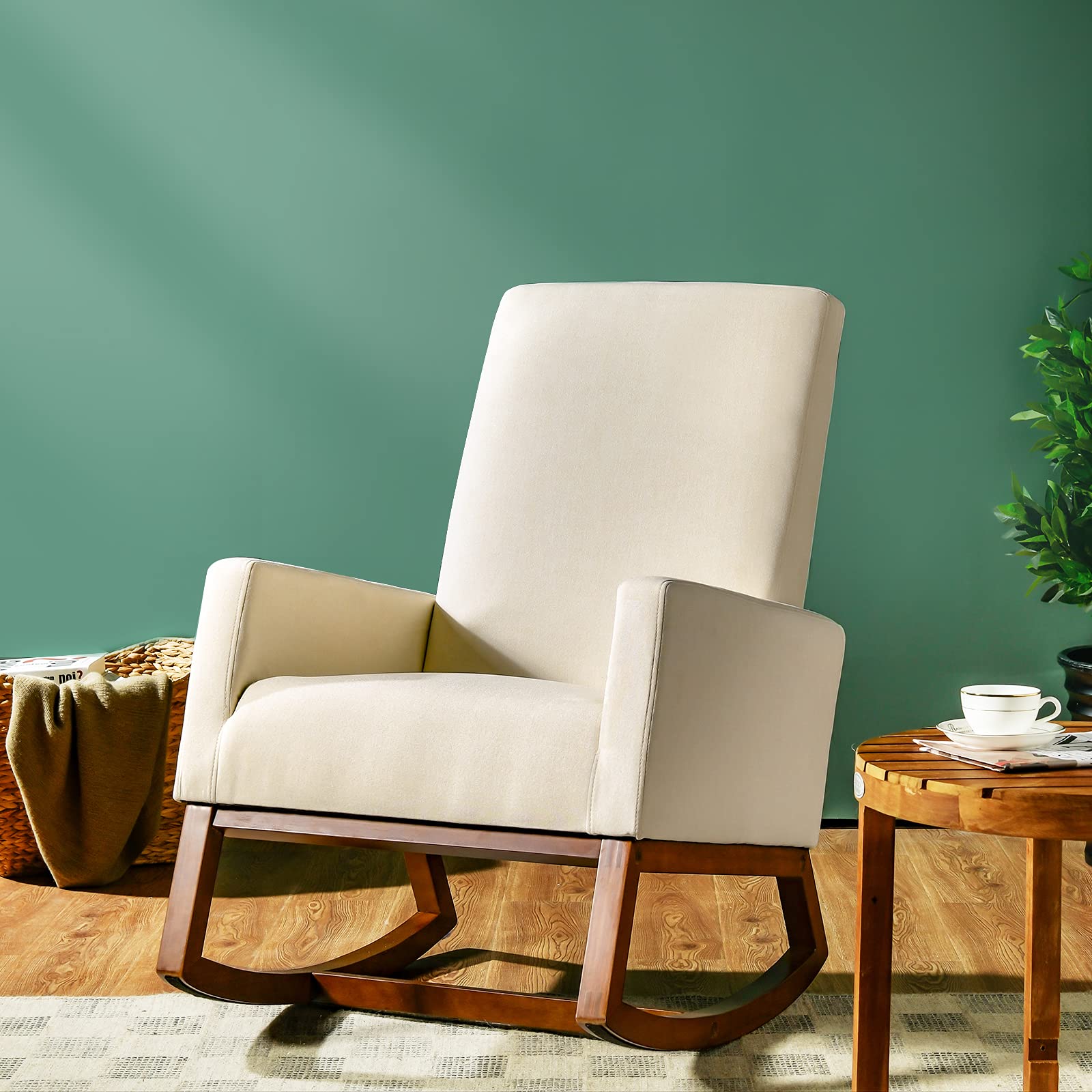 Rocking Chair, High Back Upholstered Lounge Armchair w/Side Pocket