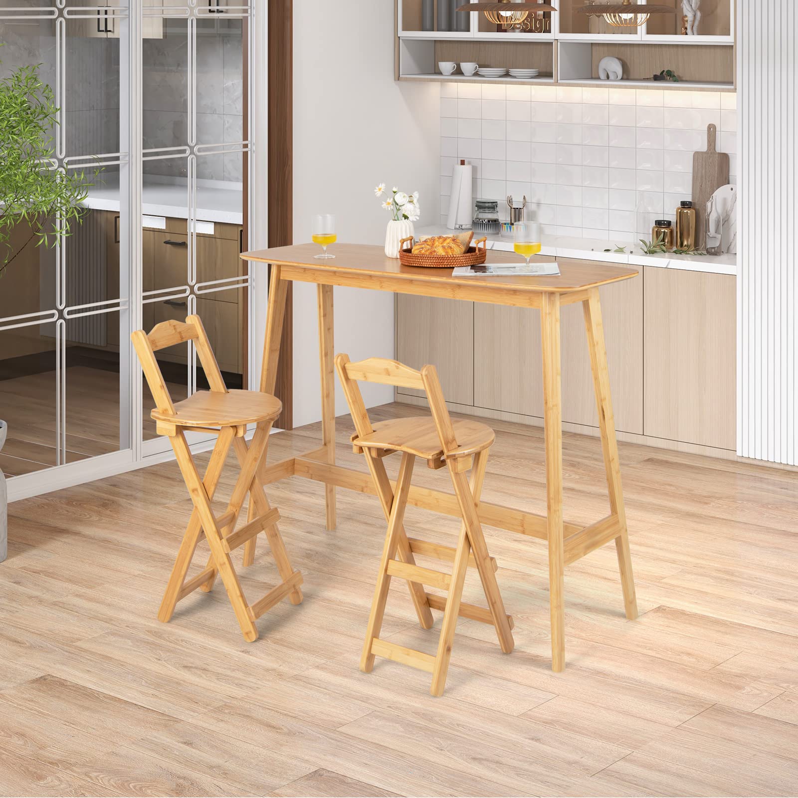 Folding Bamboo Bar Stools Set of 2/4, 24-inch Kitchen Counter Height Stools with Backrest and Footrest