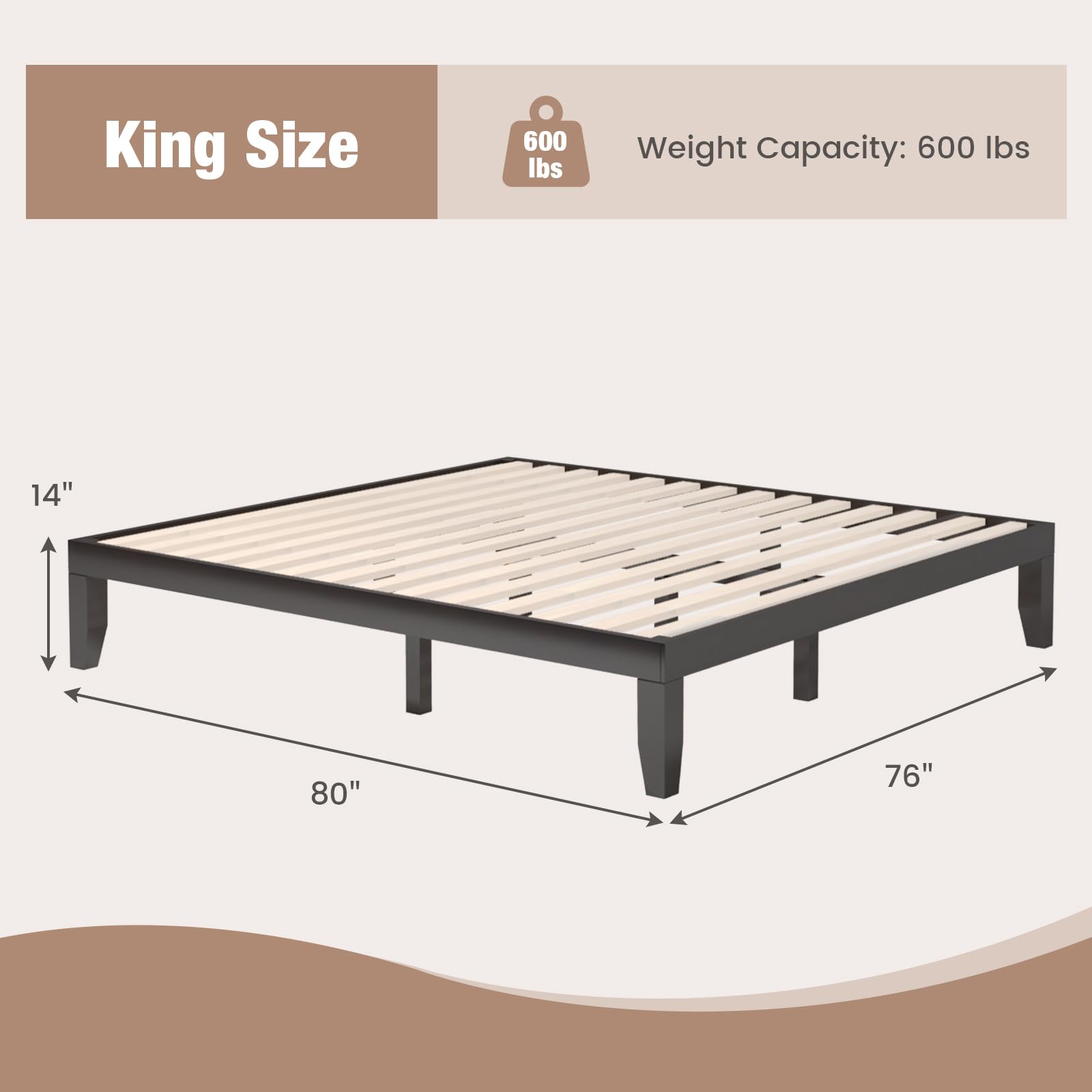 14 Inches Wood Platform Bed Frame, Solid Wood Mattress Foundation with Rubber Wood Frame