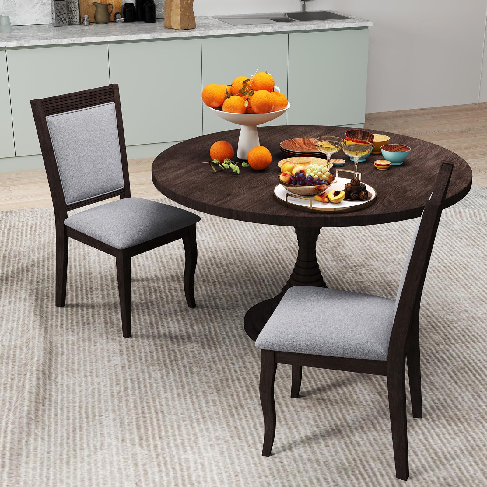 Wood Dining Chairs Set of 2/4, Farmhouse Upholstered Kitchen Chairs w/Rubber Wood Frame, Padded Seat, High Backrest