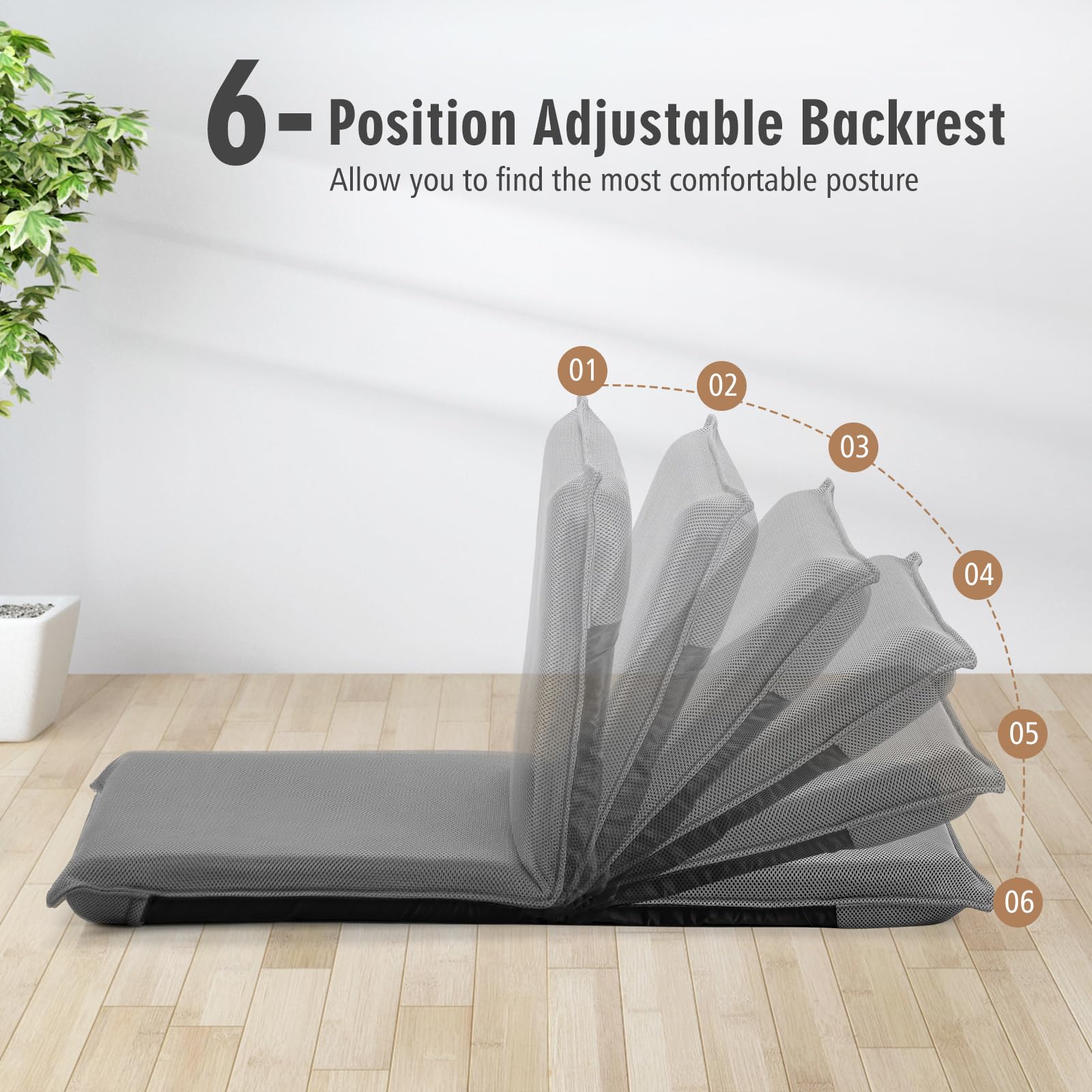 Adjustable Mesh Floor Sofa Chair, 6-Position Multi-Angle Padded Floor Chair for Gaming Reading Meditation