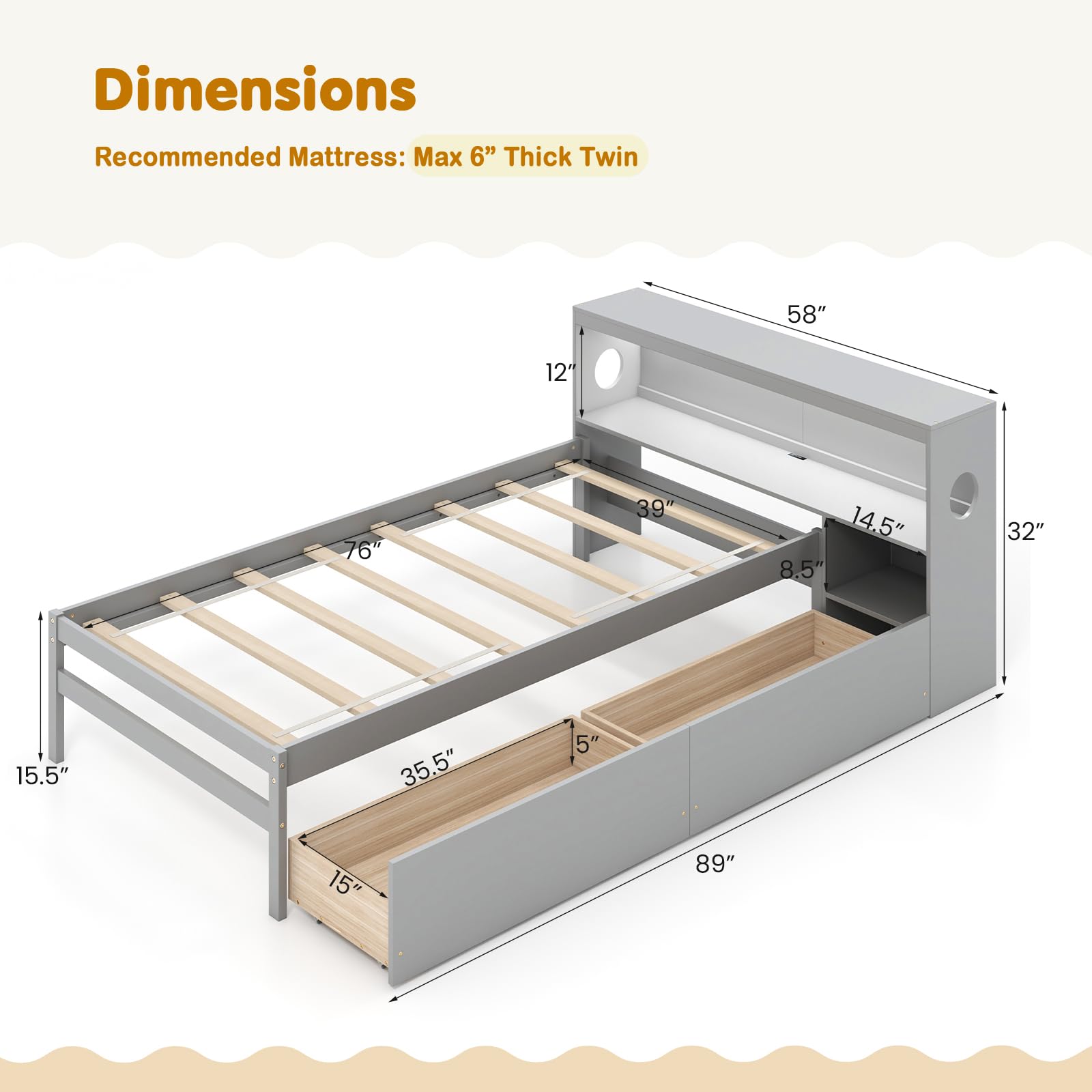 Wood Twin Bed Frame with Storage Drawer & Headboard, Modern Platform Bed with Charging Station & LED Light