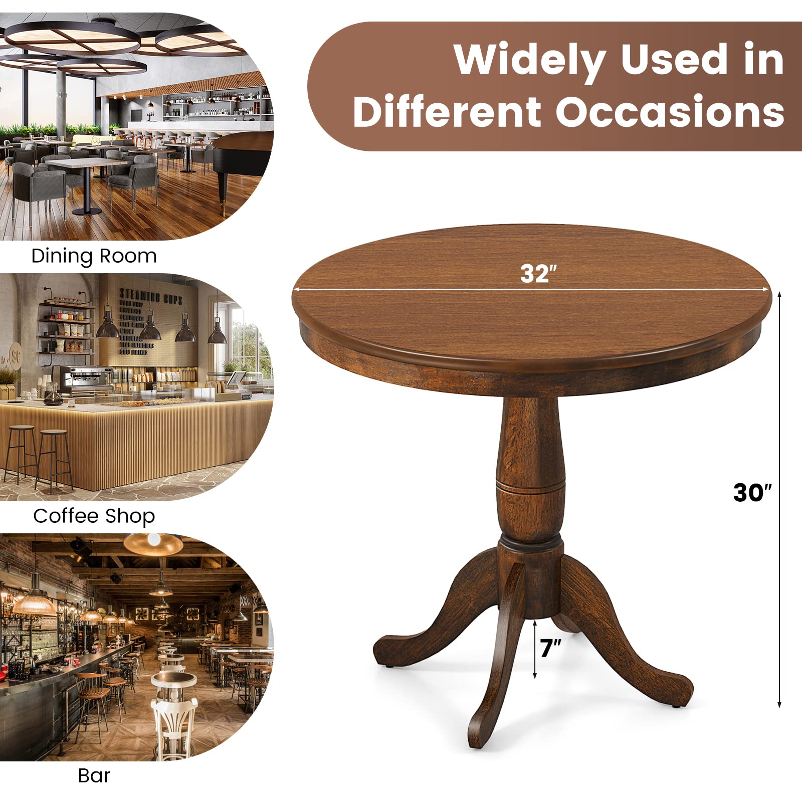 Round Dining Table for 2-4 People, 32" D X 30" H Wooden Kitchen Table with Spacious Table Top, Pedestal Base