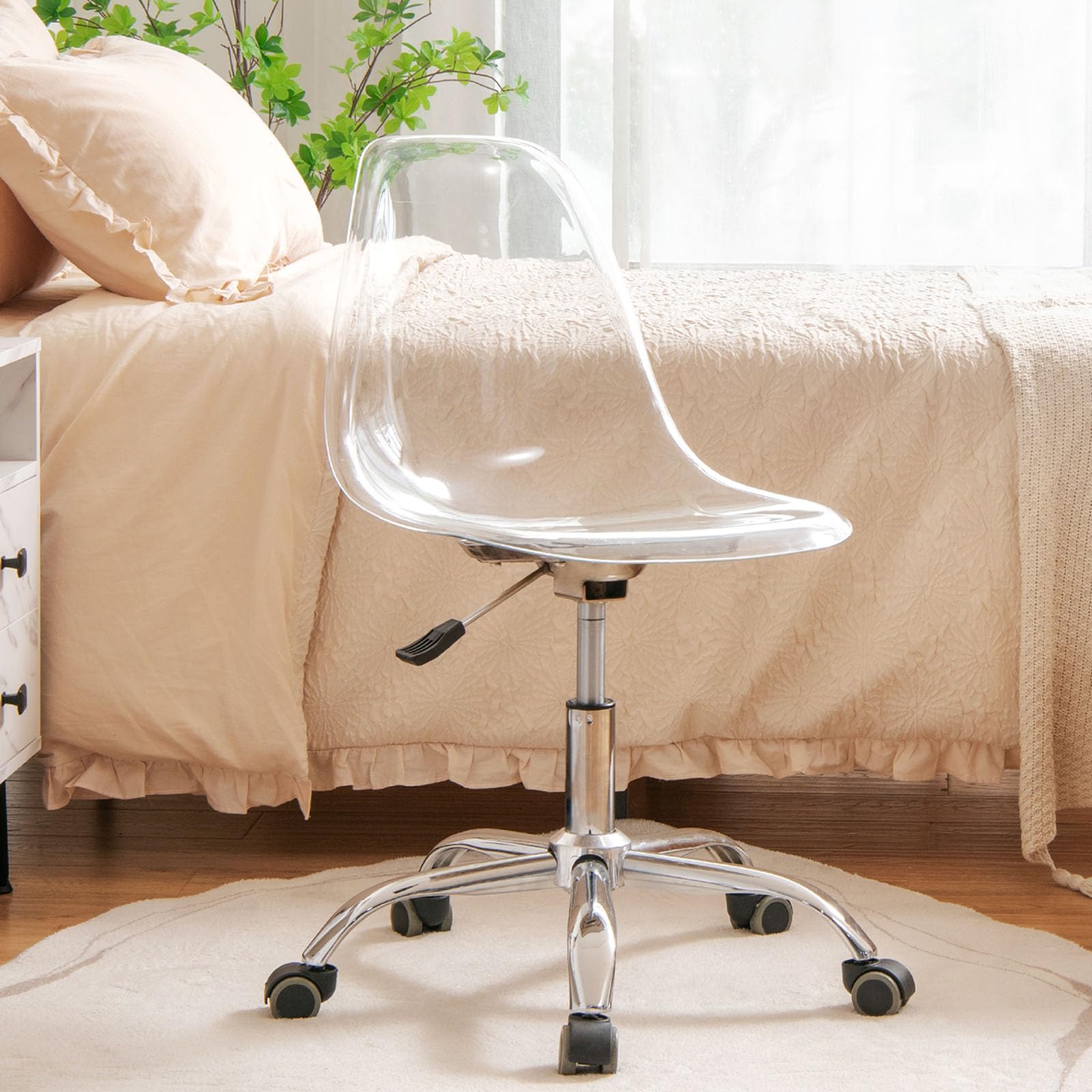Acrylic Clear Desk Chair, Armless Swivel Vanity Ghost Plastic Chair with Sturdy Metal Base & Smooth Wheels